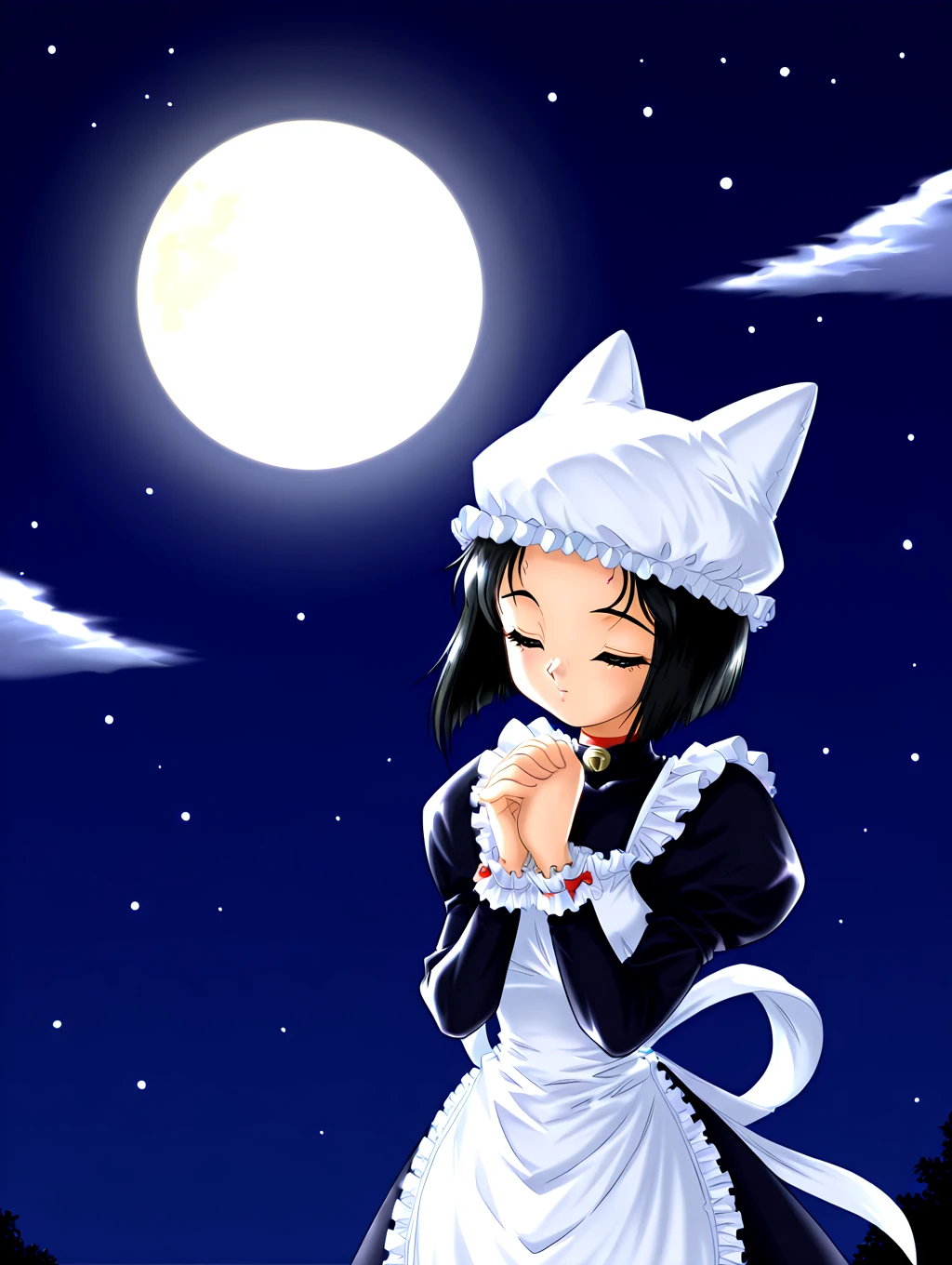 <lora:IL-D2-Netti:1>,ild2netti,1girl,solo,moon,closed eyes,hat,full moon,short hair,night,black hair,animal hat,own hands clasped,maid,own hands together,animal ears,sky,apron,bell,
1990s \(style\),