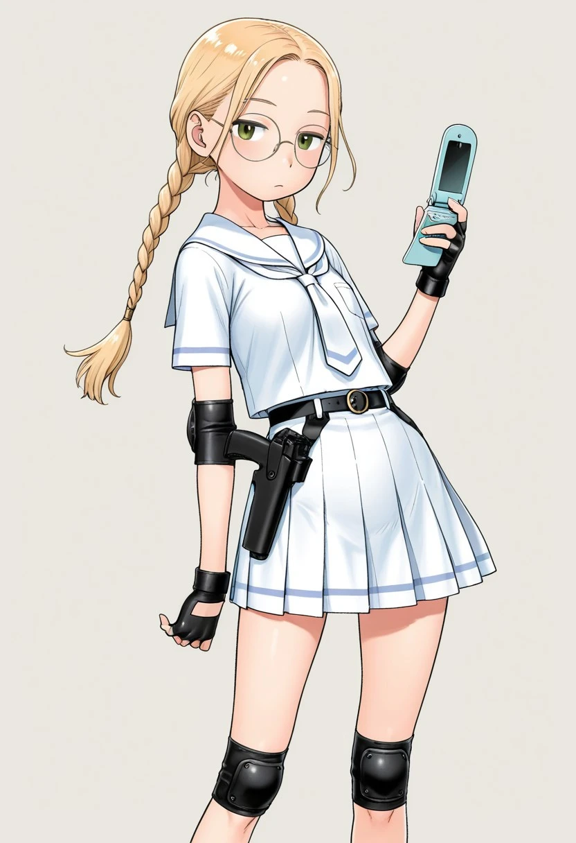 karmatatsurou, amazing quality, solo, 1girl, skinny, androgynous, looking at viewer, round eyewear, blond hair, long twintail braids, white school uniform, skirt, knee and elbow pads, fingerless gloves, holding flip phone, holstered rifle to the side, medium breast, mid movement, dynamic pose, absurdres