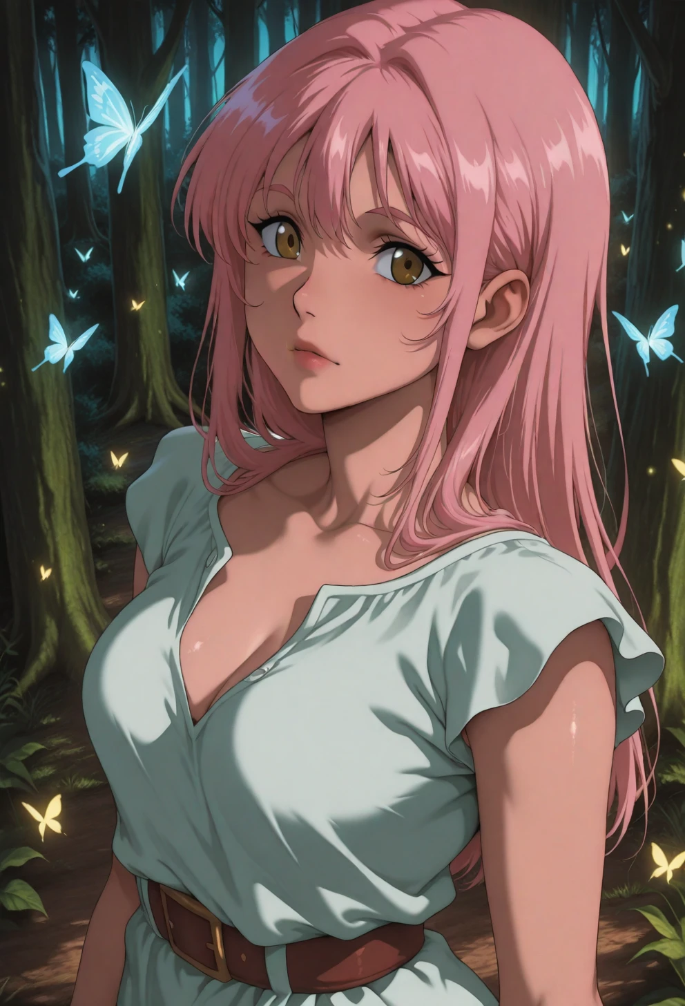 <lora:Sysdeep_char7 - [Custom Character] - IllustriousXL v1:1> sysdeep_char7, 1girl, solo, long hair, pink hair, brown eyes, medium breasts, standing in enchanted forest, glowing butterflies, mystical atmosphere, curious look, anime coloring