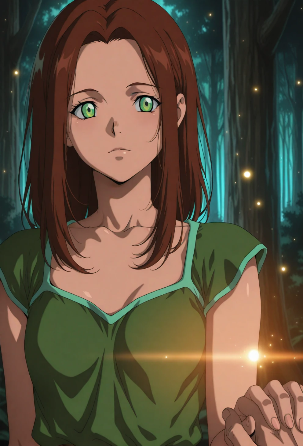 <lora:Sysdeep_char10 - [Custom Character] - IllustriousXL v1:1> sysdeep_char10, 1girl, solo, long hair, brown hair, green eyes, small , holding hands, enchanted forest, glowing particles, tender moment, anime coloring