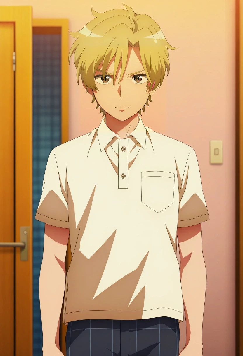 masterpiece, best quality, amazing quality, very aesthetic, high resolution, ultra-detailed, absurdres, newest, colorful, highest detailed, very awa, anime screencap, official style, anime coloring, cowboy shot, looking at viewer, , 1boy, solo, male focus, <lora:hijiri_koganei_ilxl:0.98>, hijiri_koganei, blonde hair, brown eyes, short hair,