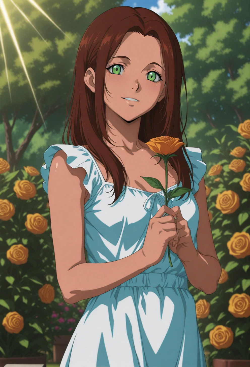 <lora:Sysdeep_char10 - [Custom Character] - IllustriousXL v1:1> sysdeep_char10, 1girl, solo, long hair, brown hair, green eyes, small , holding flowers, garden, summer dress, glowing sunlight, gentle smile, anime coloring