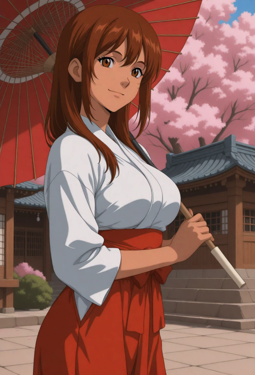 <lora:Sysdeep_char19 - [Custom Character] - IllustriousXL v1:1> sysdeep_char19, 1girl, solo, long hair, brown hair, brown eyes, , , standing, outdoors, cherry blossoms, traditional outfit, umbrella, smiling, anime coloring