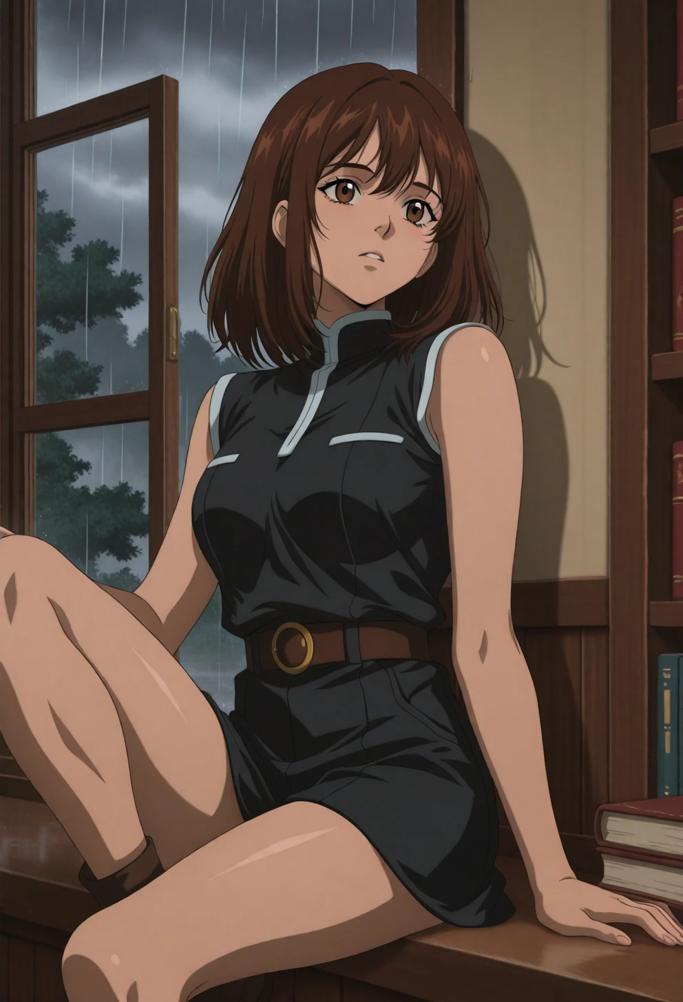 <lora:Sysdeep_char15 - [Custom Character] - IllustriousXL v1:1> sysdeep_char15, 1girl, solo, brown hair, brown eyes, medium hair, medium breasts, sitting on windowsill, indoors, rain, book, wistful expression, anime coloring