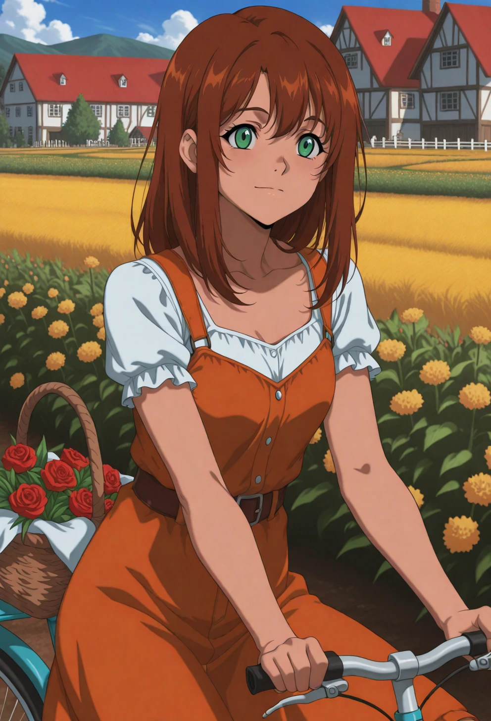 <lora:Sysdeep_char10 - [Custom Character] - IllustriousXL v1:1> sysdeep_char10, 1girl, solo, long hair, brown hair, green eyes, small , riding a bicycle, countryside, sunny, casual outfit, basket with flowers, anime coloring