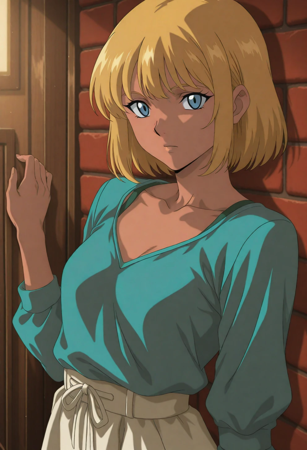 <lora:Sysdeep_char5 - [Custom Character] - IllustriousXL v1:1> sysdeep_char5, 1girl, solo, short hair, blue eyes, blonde hair, small , leaning against wall, casual outfit, intense look, moody lighting, anime coloring