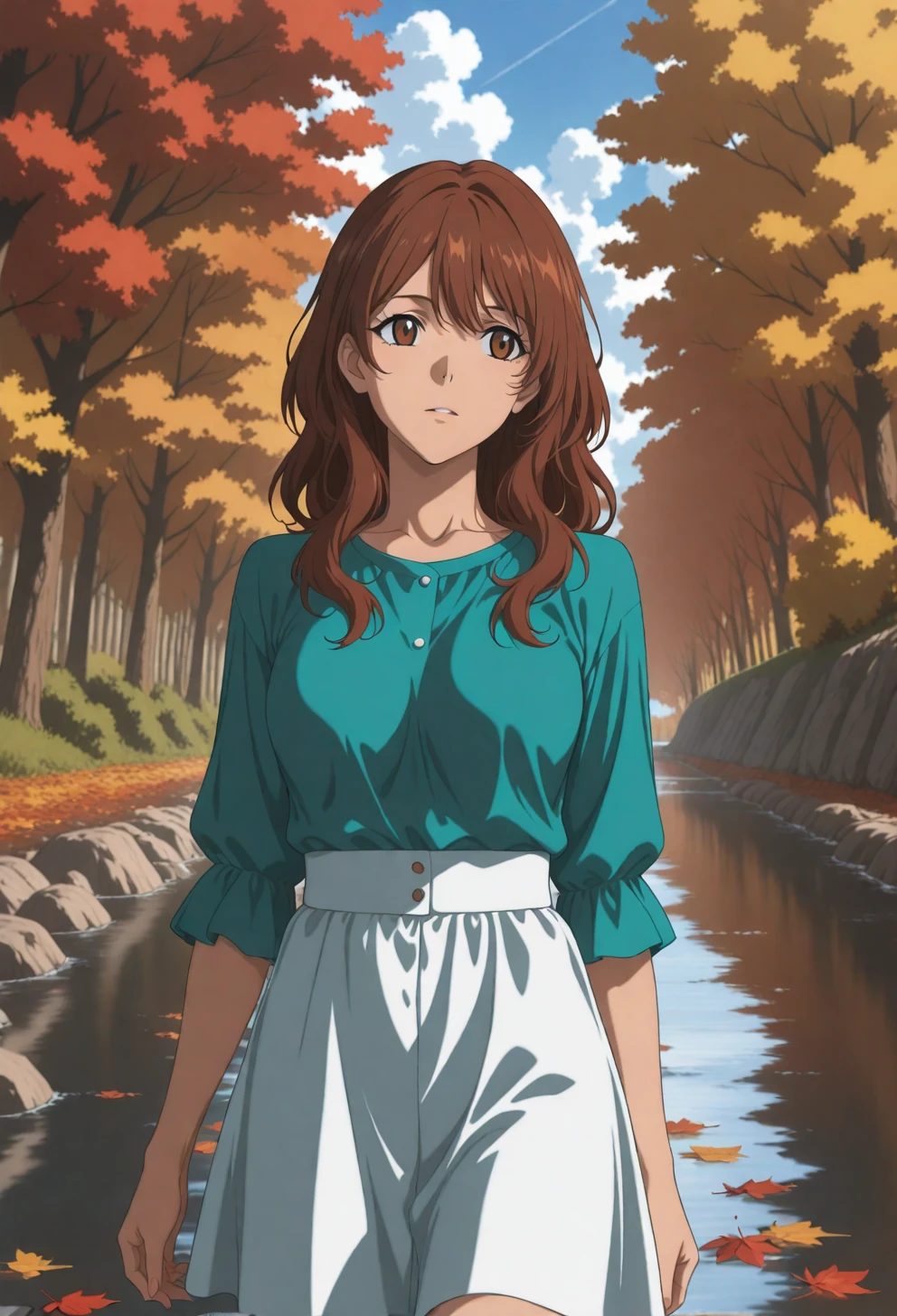<lora:Sysdeep_char16 - [Custom Character] - IllustriousXL v1:1> sysdeep_char16, 1girl, solo, brown hair, brown eyes, wavy hair, long hair, , walking along river, autumn leaves, casual outfit, serene look, anime coloring