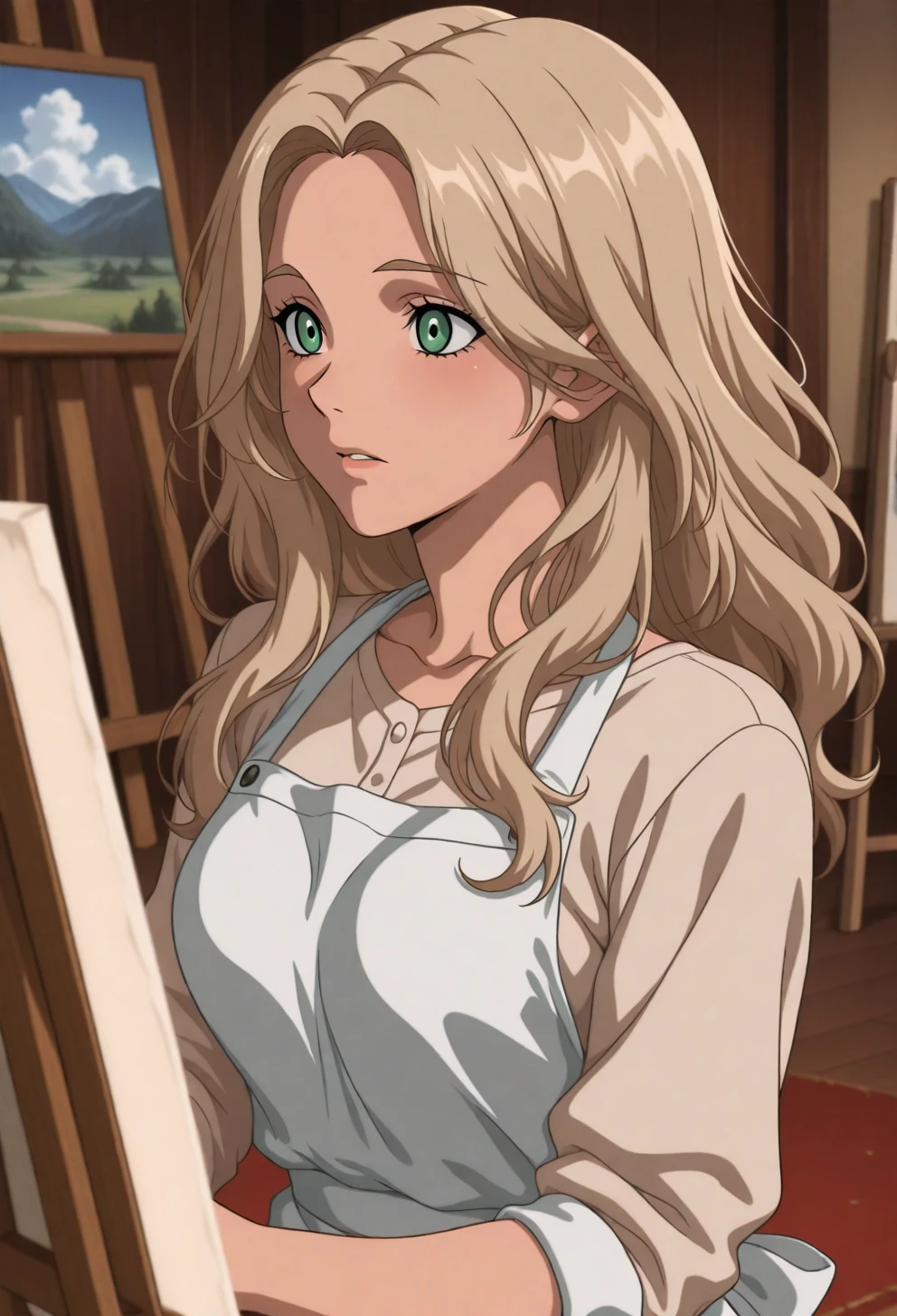 <lora:Sysdeep_char21 - [Custom Character] - IllustriousXL v1:1> sysdeep_char21, 1girl, solo, long hair, green eyes, blonde hair, light brown hair, wavy hair, medium breasts, painting, easel, indoors, apron, focused expression, light-filled studio, anime coloring