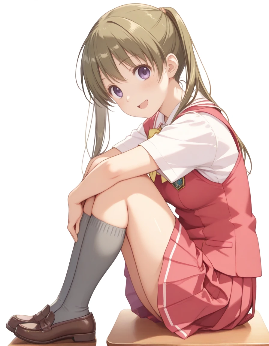 masterpiece, best quality, absurdres, <lora:kurusu_tomari_IL:1>, kurusu tomari, 1girl, solo, short sleeves, yellow ribbon tie, pleated skirt, school uniform, dark khaki hair, dark-pink pinafore, kneehighs, white shirts, loafers, pinafore, purple eyes, ribbon tie, dark-gray socks, dark-pink skirt, white background, from side, smile, open mouth, upright, sitting, hugging own legs, looking at viewer,