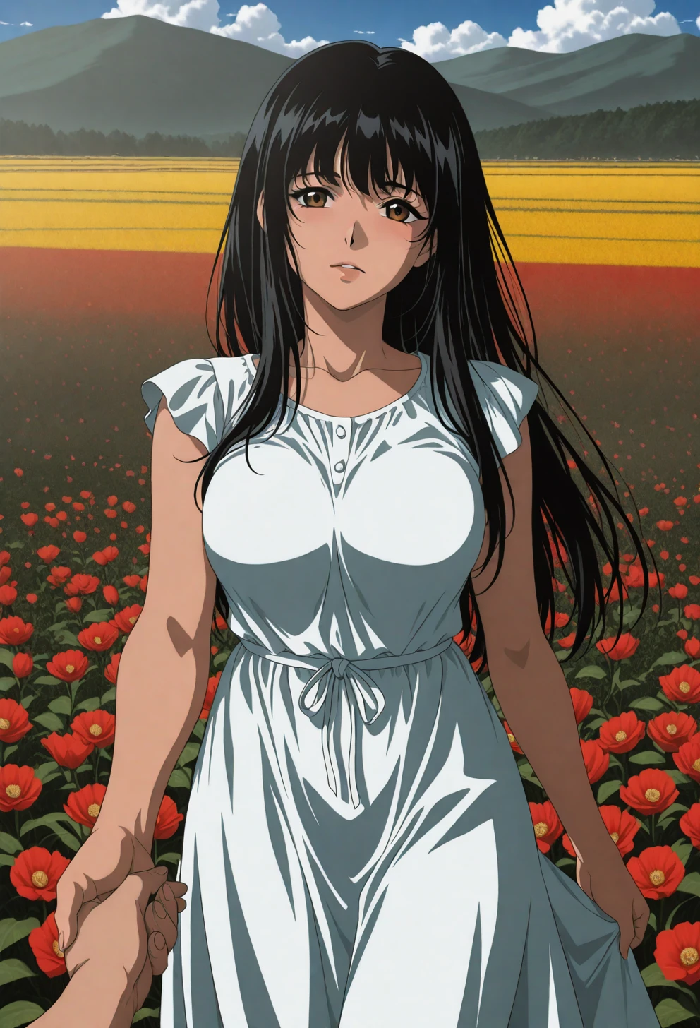 <lora:Sysdeep_char9 - [Custom Character] - IllustriousXL v1:1> sysdeep_char9, 1girl, solo, long hair, black hair, brown eyes, , holding hands, field of flowers, soft breeze, tender moment, sunny day, anime coloring