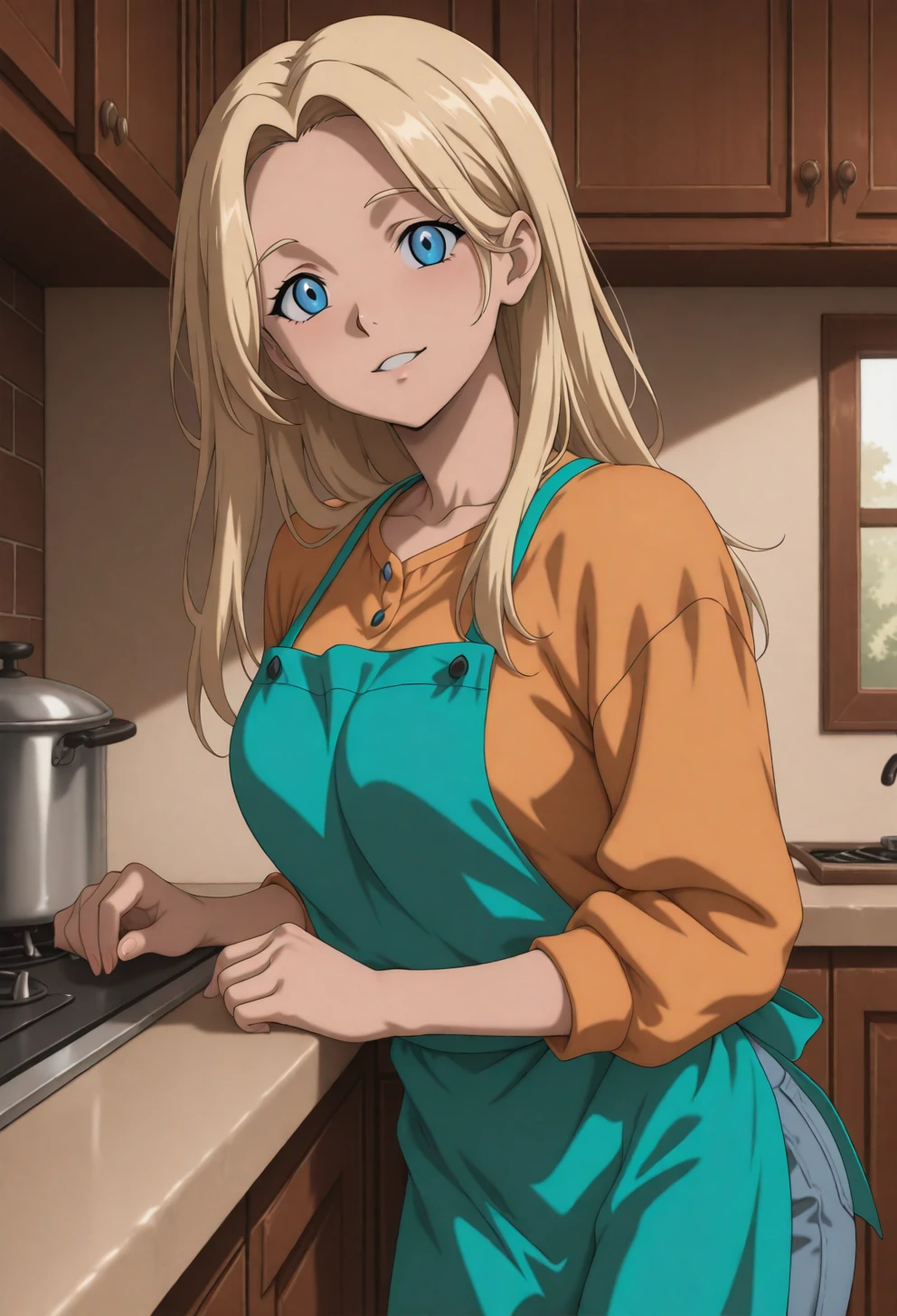 <lora:Sysdeep_char18 - [Custom Character] - IllustriousXL v1:1> sysdeep_char18, 1girl, solo, long hair, blue eyes, blonde hair, parted bangs, leaning on counter, kitchen, apron, casual clothes, playful expression, anime coloring