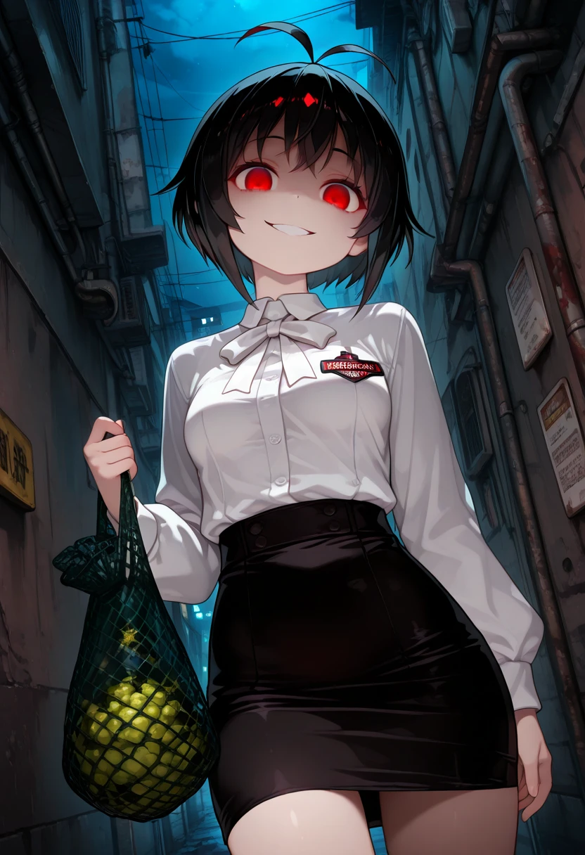 1girl, solo, jiyoung, black hair, short hair, antenna hair, red eyes, empty eyes, medium brest, white blouse, white neck ribbon, black pencil skirt, nameplate on chest, horror theme, smile, shaded face, looking at viewer, outdoor, back alley, holding green mesh bag, night, glowing eyes, view from below, dramatic lighting, dutch angle, highres,  masterpiece, best quality, amazing quality, very awa, very aesthetic, , <lora:Illust\edit\new\sung_jiyoung_v1.safetensors:1.0000000000000002:1.0000000000000002>