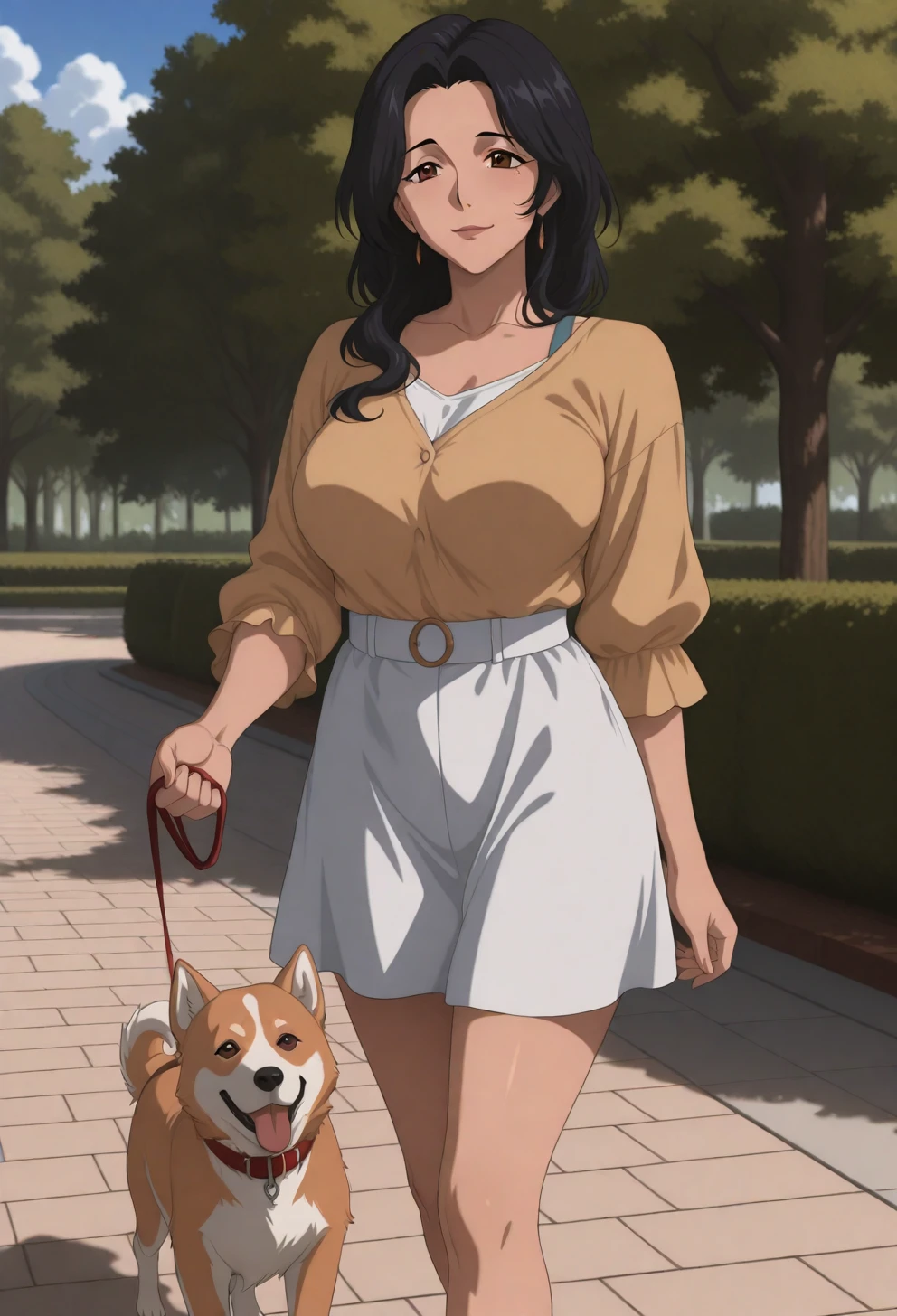 <lora:Sysdeep_char20 - [Custom Character] - IllustriousXL v1:1> sysdeep_char20, 1girl, long hair, large breasts, black hair, brown eyes, mature female, solo, wavy hair, walking dog, park, leash, casual outfit, sunny day, cheerful mood, anime coloring
