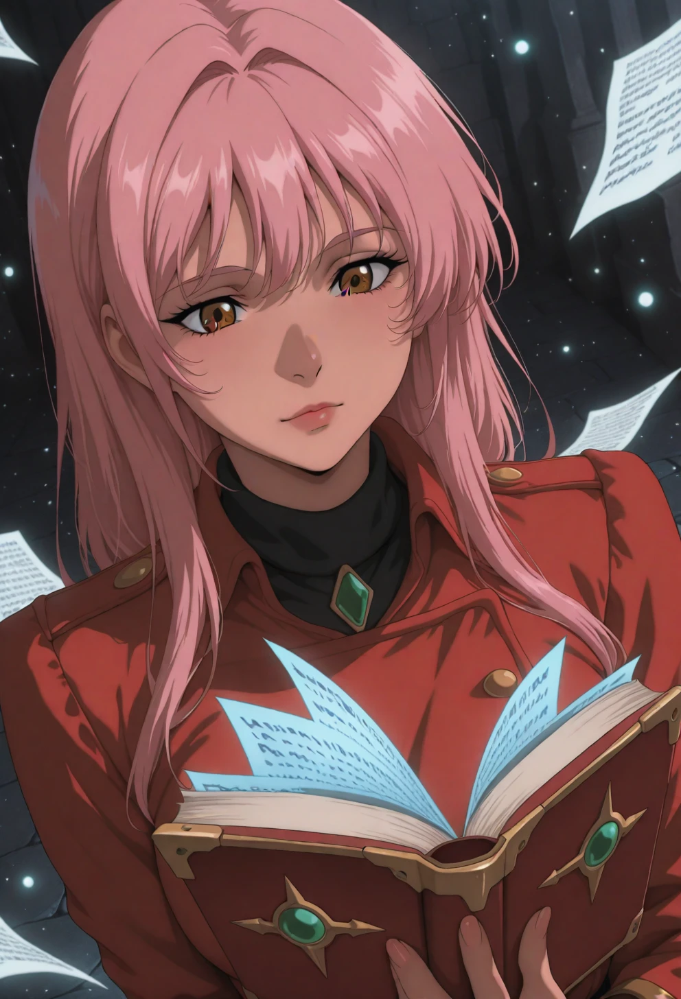 <lora:Sysdeep_char7 - [Custom Character] - IllustriousXL v1:1> sysdeep_char7, 1girl, solo, long hair, pink hair, brown eyes, , holding spellbook, floating pages, magical particles, concentrated look, anime coloring