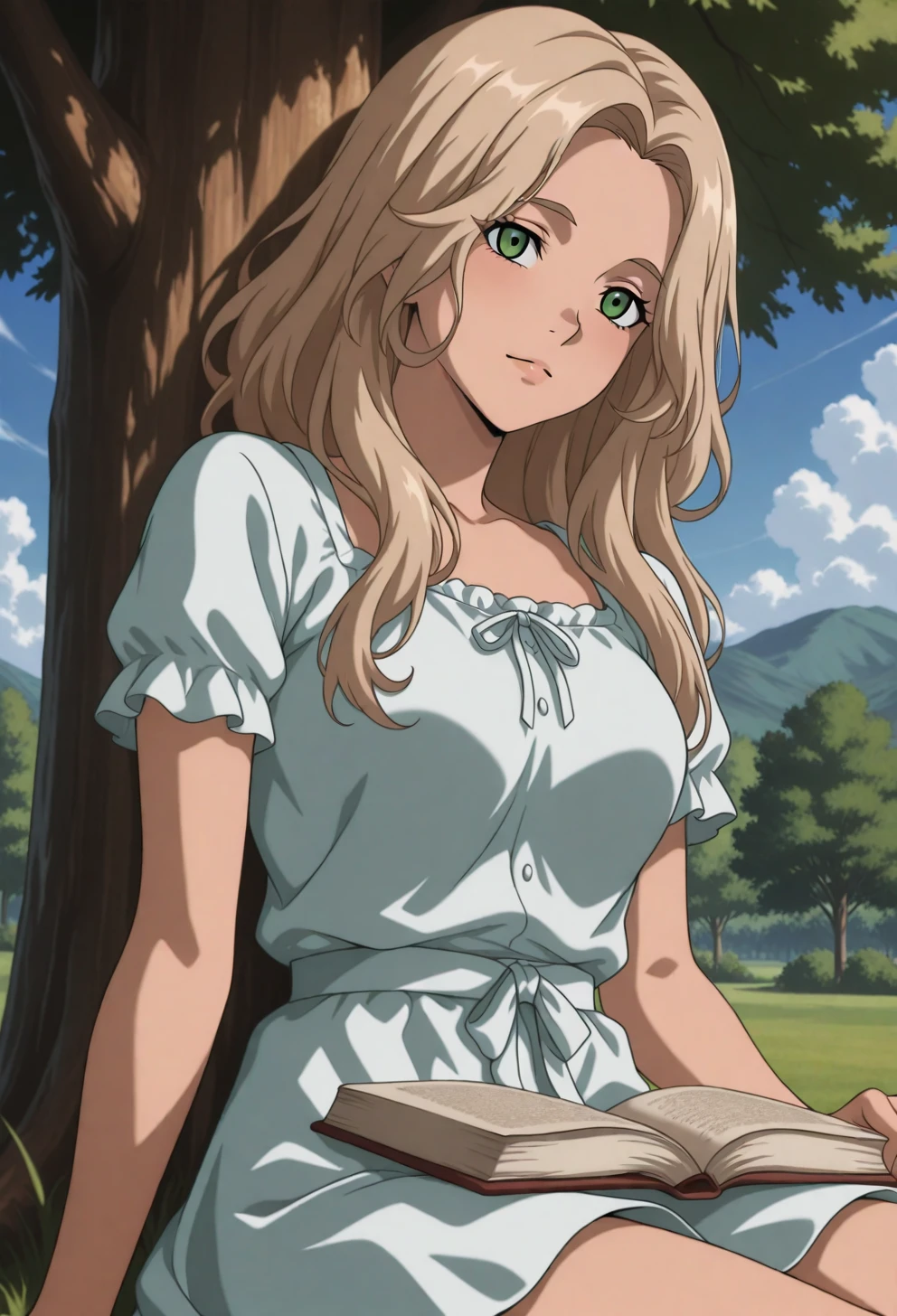 <lora:Sysdeep_char21 - [Custom Character] - IllustriousXL v1:1> sysdeep_char21, 1girl, solo, long hair, green eyes, blonde hair, light brown hair, wavy hair, medium breasts, sitting under tree, book, peaceful vibe, outdoors, summer day, anime coloring