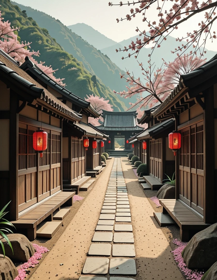 A traditional Japanese village during the samurai era, peacefully resting in a quiet valley surrounded by mist-covered mountains and dense bamboo groves. Thatched-roof wooden houses with sliding paper doors are arranged along narrow, winding dirt paths. Red lanterns hang from wooden beams, swaying gently in the breeze. A small Shinto shrine stands on a nearby hill, overlooking neatly arranged rice paddies and stone garden paths. A samurai's armor is displayed on a wooden rack outside one of the houses, suggesting the presence of a warrior. Cherry blossom petals scatter across the ground, and a light fog drifts between the buildings, adding to the stillness. The scene is bathed in soft, golden light, capturing a serene and timeless moment in feudal Japanâwith no people in sight.traditional Japanese v1ll4g3, <lora:traditional_Japanese_v1ll4g3v2-i:1>, Masterpiece,best quality,hi res,8k,hi res,8k,award winning,(sharp focus, intricate, highly detailed),