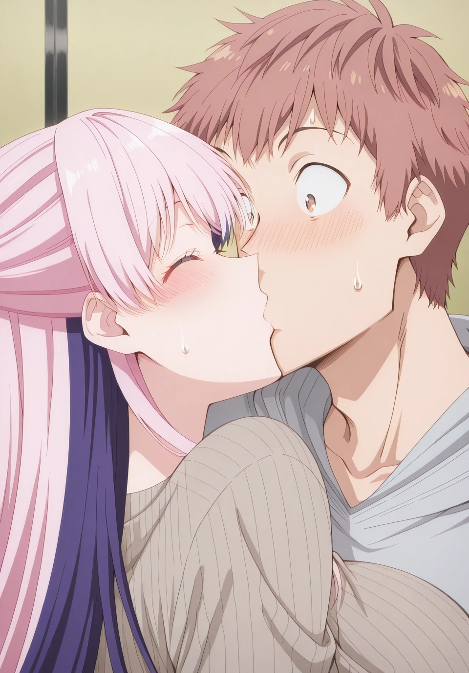 masterpiece, best quality, amazing quality,, <lora:nagomi-s1-illustriousxl-lora-nochekaiser:1>, nagomi, long hair, bangs, purple hair, pink hair, multicolored hair, two-tone hair, split-color hair, mature female, , anime screencap,, <lora:kanojo-okarishimasu-385-p14-illustriousxl-lora-nochekaiser:1>, kanojo okarishimasu 385 p14, blush, closed eyes, hetero, hood, sweatdrop, couple, kiss, surprised, close-up, wide-eyed, surprise kiss,, <lora:kazuya-kinoshita-illustriousxl-lora-nochekaiser:1>, kazuya kinoshita, 1boy, brown hair, brown eyes, short hair,, ,