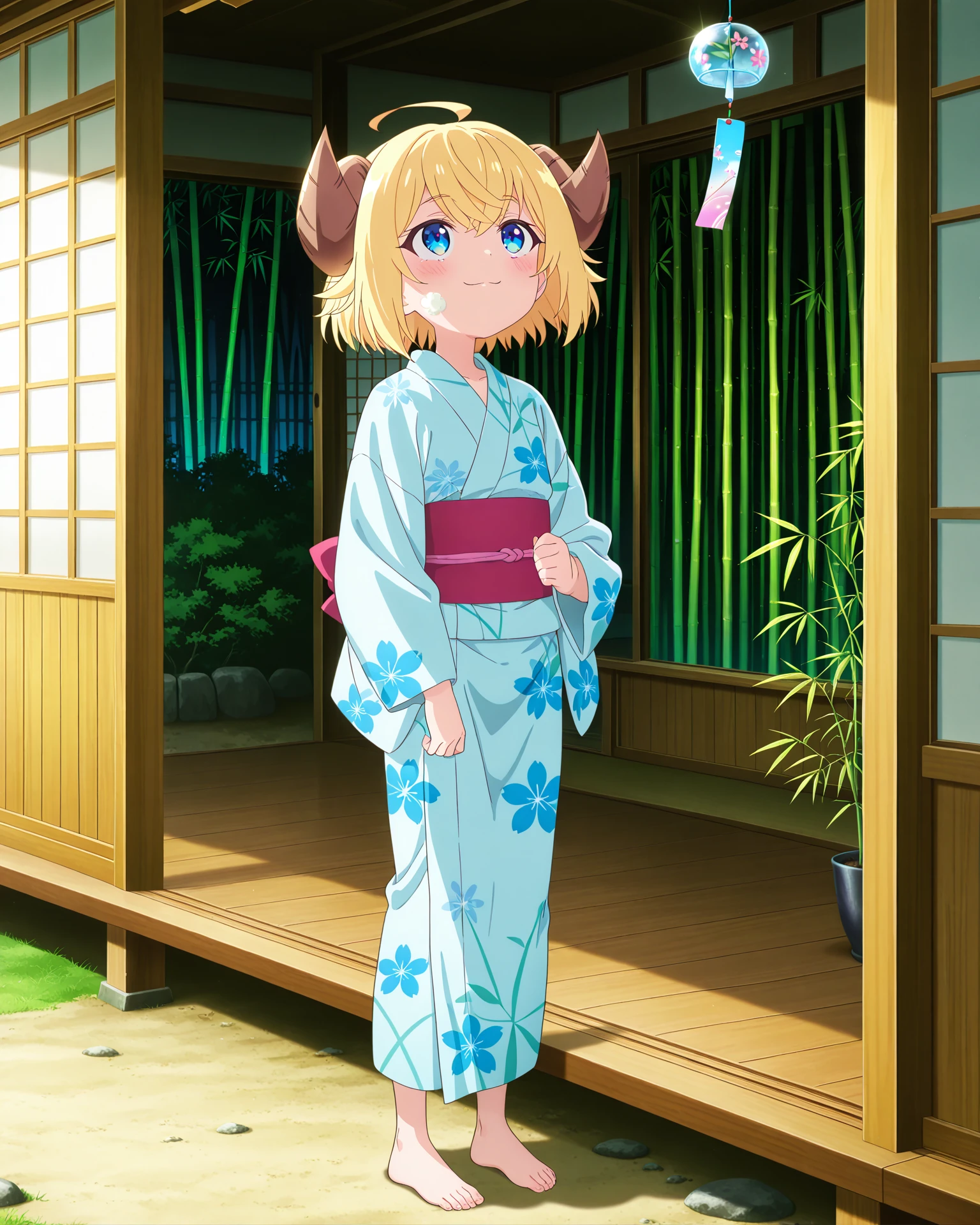 amazing quality, 4k, ultra-detailed, absurdres, high resolution, very aesthetic, soft ambient lighting, (masterpiece:1.3), (best quality:1.3), (anime screencap:1.5),
1girl, petite, yukata, barefoot, holding wind chime, looking up with wonder, hair swaying in breeze, light smile, standing under wooden porch, warm light, soft shadow on face, cute and gentle expression,
japanese summer house, bamboo wall, cicada ambience, soft glow, peaceful tone,
<lora:susamix010-pony:0.6> (anime coloring),
<lora:Botan:1> (botan:1, blonde hair, manga),
<lora:AddMicroDetails_Illustrious:0.3> addmicrodetails