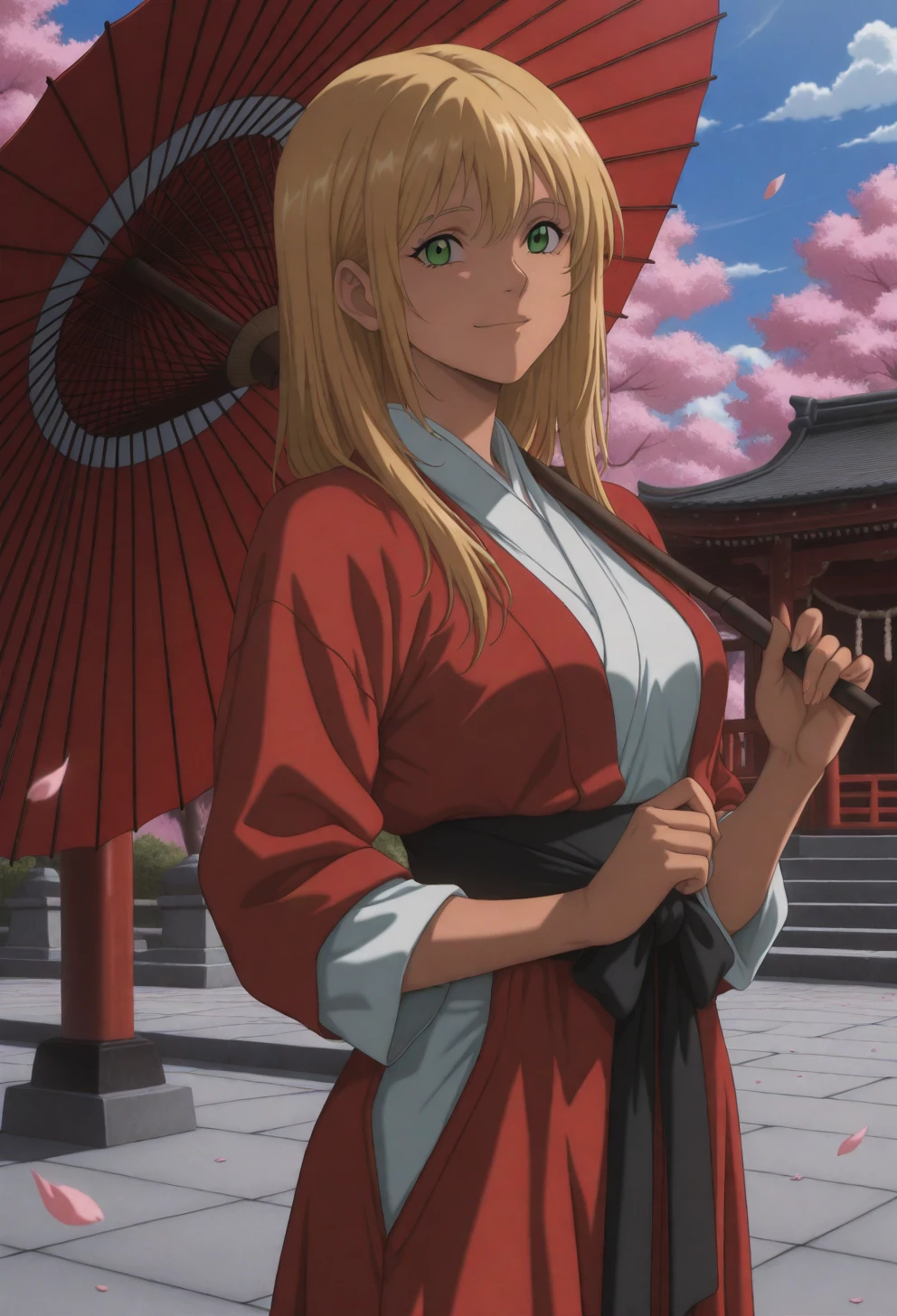 <lora:Sysdeep_char23 - [Custom Character] - IllustriousXL v1:1> sysdeep_char23, 1girl, long hair, blonde hair, green eyes, solo, medium breasts, standing, outdoors, cherry blossoms, traditional outfit, umbrella, smiling, anime coloring