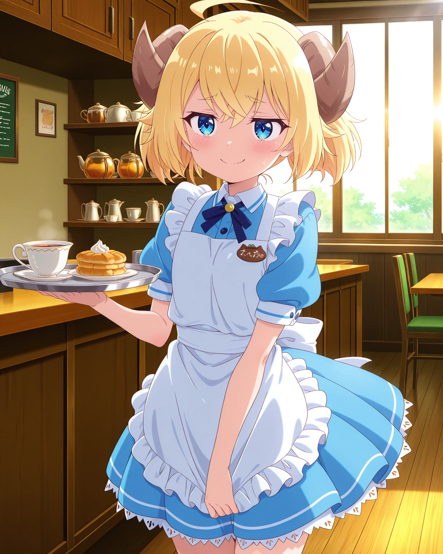 amazing quality, 4k, ultra-detailed, absurdres, high resolution, warm cafe lighting, soft focus, (masterpiece:1.3), (best quality:1.3), (anime screencap:1.5),
1girl, petite, short apron over dress, waitress outfit, holding tray with teacup, small smile, slightly shy expression, twintails or ponytail, neat uniform, name tag, standing beside counter, ready to serve
cozy cafe interior, wooden floor, low shelves with pastries, sunlight through front window, peaceful tone, small stature,
<lora:susamix010-pony:0.6> (anime coloring),
<lora:Botan:1> (botan:1, blonde hair, manga),
<lora:AddMicroDetails_Illustrious:0.3> addmicrodetails