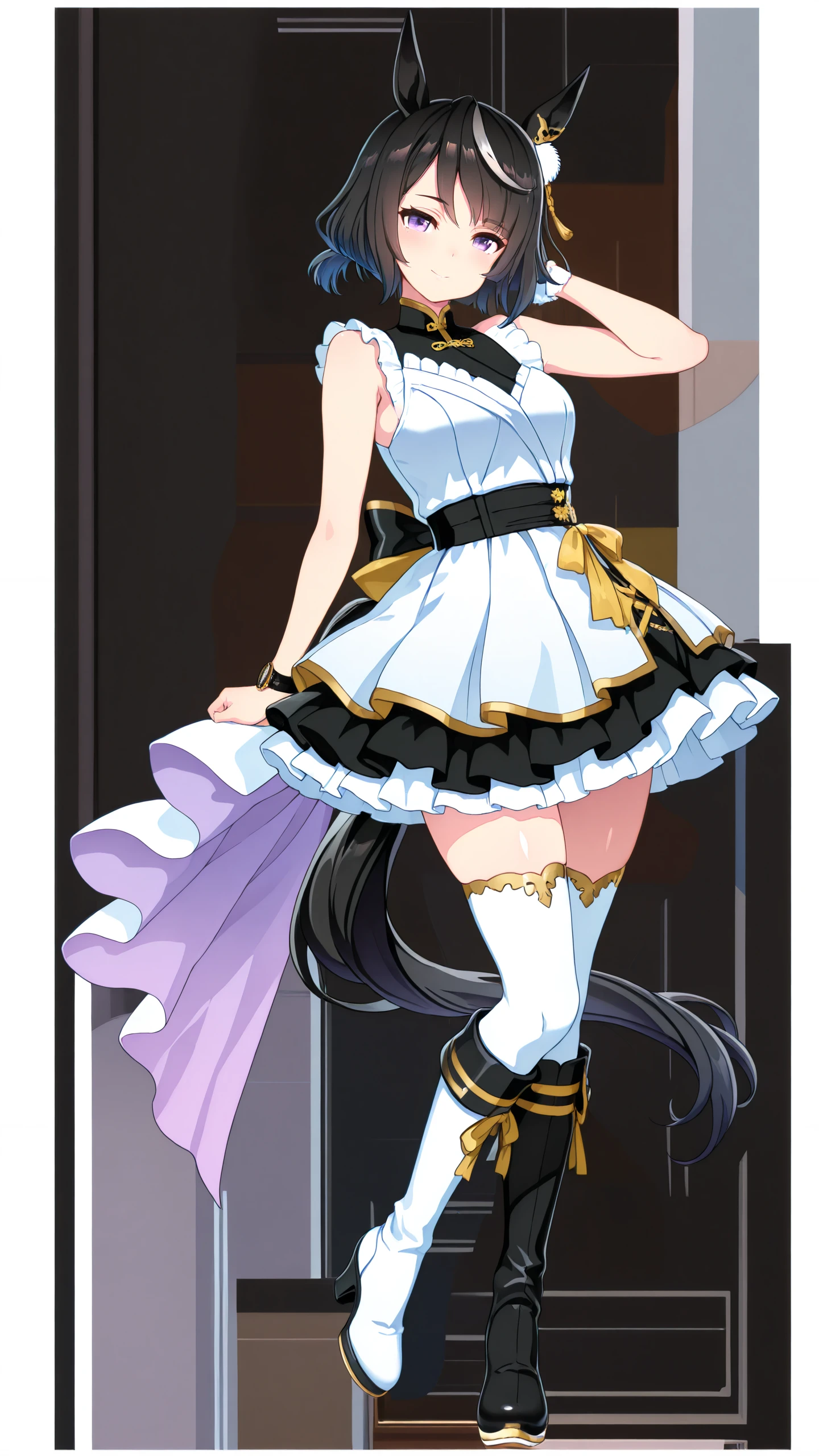umaofficial, masterpiece,best_quality,general,newest
, very awa, Detail enhancement,CTDXCYQL,
(dishwasher1910:0.9),
UmaUma, horse tail, horse girl, horse ears, zettai ryouiki, transparent background, simple background, white background, looking at viewer, smile, 16k, masterpiece, absurdes, highly detailed, highres, high quality, best quality, score_9, score_8_up, score_7_up, score_6_up, 1girl, golden sixty (umamusume), similar to her hair, black_hair, solo, purple_eyes, horse_girl, bangs, blush, black_hair, hair_ornament, short hair, close mouth, (Hong Kong style gorgeous dress:1.2), (black and white theme:1.1), (flowing skirt), (high-knee boots), (gold accents), (blue flot dot accents),
, white dress, standing, watch, heart, dress, lace ,frills,Fluttering, full_body, blunt_bangs, sleeveless, sleeveless_dress, jewelry, depth_of_field, looking_at_viewer, black footwear,white footwear, bare_shoulders, high_heels, simple background,white background, gray background,
, best quality, masterpiece, highres, 16k, masterpiece, absurdes, highly detailed, highres, high quality, best quality, source_anime, anime screencap, anime coloring, official style, style parody, parody, shiny, shiny skin, shiny hair,
masterpiece,best quality,amazing quality, very aesthetic, absurdres,edanoma_meu_illu, flat color, no lineart, svevsty