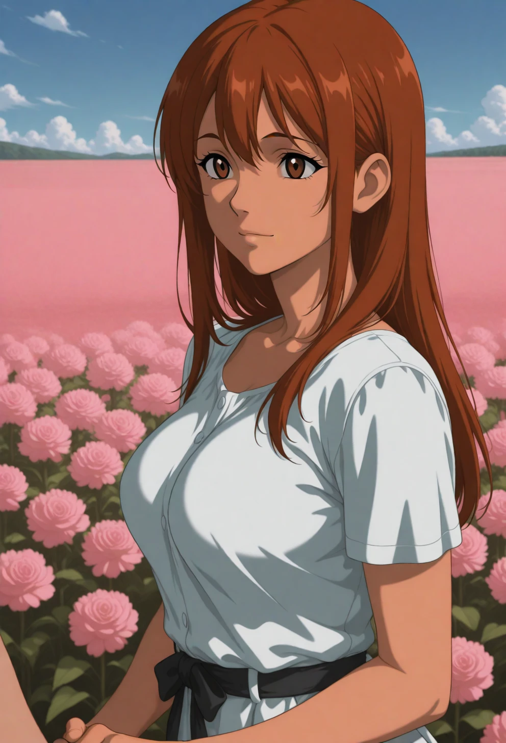 <lora:Sysdeep_char19 - [Custom Character] - IllustriousXL v1:1> sysdeep_char19, 1girl, solo, long hair, brown hair, brown eyes, , , holding hands, field of flowers, soft breeze, tender moment, sunny day, anime coloring