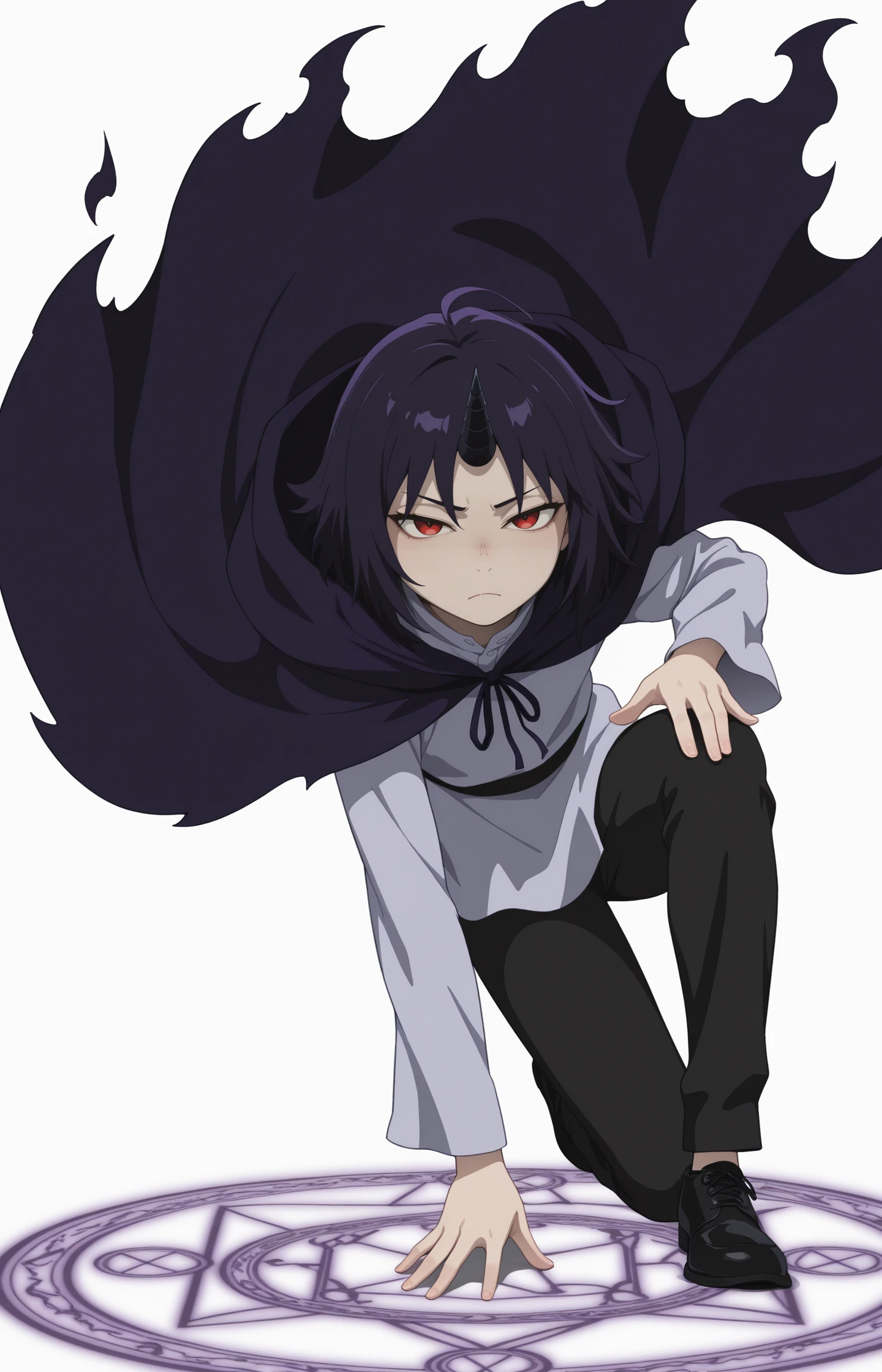 perfect quality,best quality,absolutely eye-catching,masterpiece,absurdres,newest,anime screenshot,
masterpiece, best quality, amazing quality,,shirt, ,androgynous ,,red eyes, torn cape, single horn, purple cape, single horn, red eyes, purple hair, <lora:KlenCV3:1>,klencv2,frown, black pants, ,androgynous, white background, black shoes, Magic Circle, dynamic pose,
<lora:dynamic-pose-illustriousxl-lora-nochekaiser:1> dynamic pose, on knee, Black fire in hands,