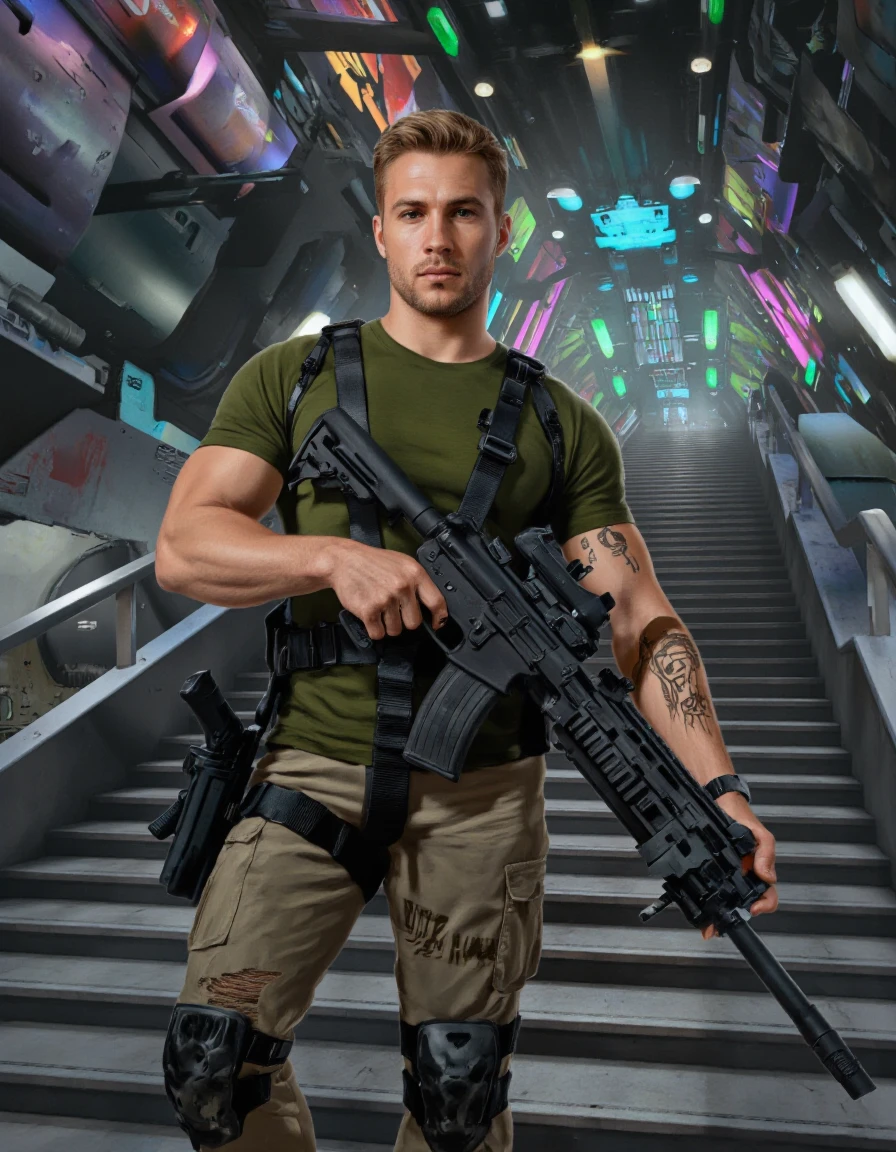 DaSeley style. A digital illustration shoot from a full body camera angle about a muscular man holding a rifle and standing confidently in a futuristic environment, wearing a green t-shirt and ripped cargo pants, with a gun holster and knee pads. the image also shows a futuristic, sci-fi cityscape with neon lights and futuristic structures in the background. on the middle of the image, a young man with short blonde hair and a beard, who appears to be in his mid-twenties, standing confidently with a confident expression, looking directly at the viewer. he is holding a large, black rifle in his right hand and a handgun in his left hand, both of which are securely fastened to his body. the man has a slim physique and a determined look on his face. he has short, brown hair styled in a short, neat cut, and his facial expression is focused intently on something in the distance. his eyes are focused on something off-camera, and he has a stubble beard and a muscular build. he also has a tattoo on his left arm and a tattoo of a skull on his right arm. the background features a staircase leading up to a futuristic space station with colorful lights and abstract shapes, creating a vivid and futuristic atmosphere.
1girl, solo, looking at viewer, short hair, shirt, holding, blonde hair, holding weapon, standing, short sleeves, holding gun, weapon, knee pads, pants, holding handgun, knee guard, shirt tucked in, beard, tactical, green shirt, gun holster, holding rifle, tactical pants, ripped pants, pistol, shoulder holster, assault rifle
camera_angle: full body, art_style: digital illustration, location: futuristic cityscape, background: futuristic environment with neon-lit structures and futuristic elements, text: NA, image_composition: middle, clothing: green T-shirt, hair_style : short, neatly trimmed, facial_expression: confident, distance_to_camera: upper body, action: standing confidently, accessory: gun in hand, pants: cargo pants with pockets, shoes: N/A, eye_direction: looking straight ahead, clothing_color: green, facing_ direction: facing viewer, facial _expression: neutral, gender: 1man, action : standing with weapons in hands