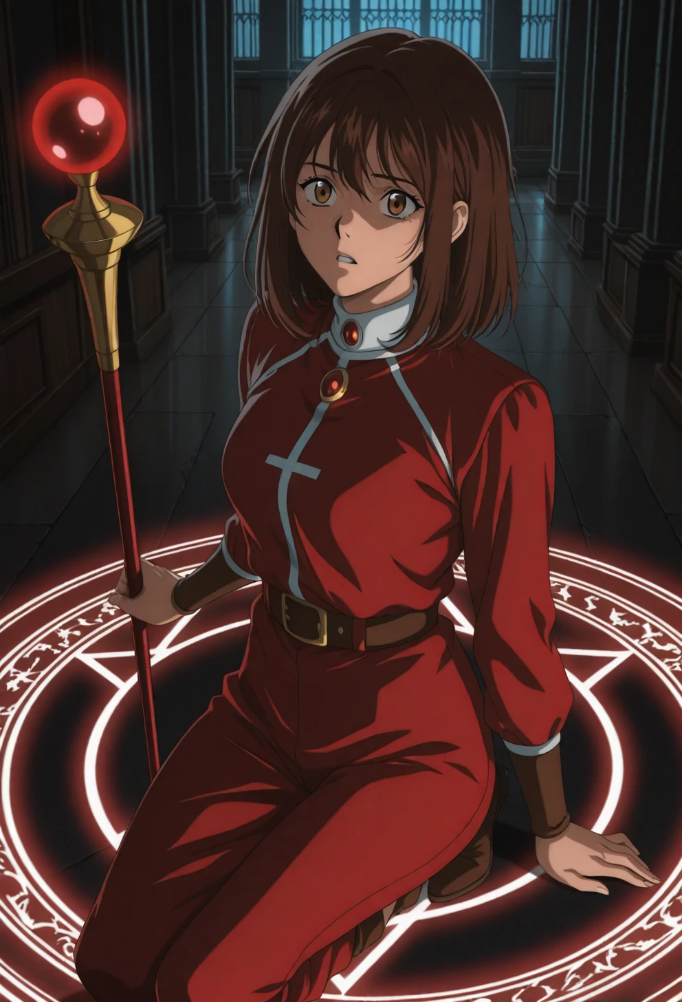 <lora:Sysdeep_char15 - [Custom Character] - IllustriousXL v1:1> sysdeep_char15, 1girl, solo, brown hair, brown eyes, medium hair, , floating, glowing magical circle, staff, spellcasting, dark room, intense expression, anime coloring