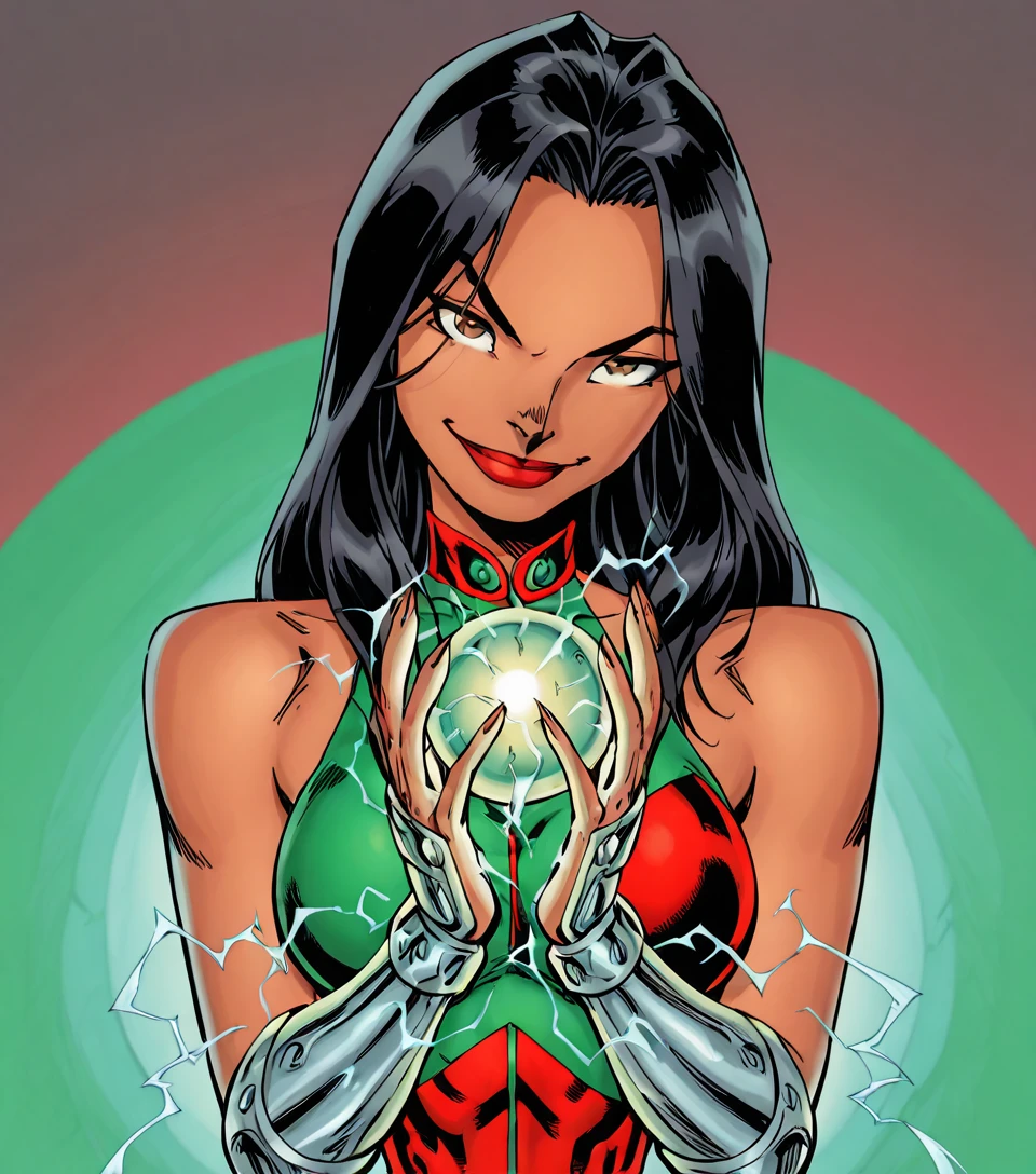 In the style of J Scott Campbell, retro, western, single panel, good drawing, cross hatching, sketch 1:1, high contrast, good coloring, 1 girl, solo, Sarah Rainmaker, Native American, long hair, black hair, brown eyes, detailed eyes, full suit, latex suit, asymmetrical clothes, red and green suit, bare shoulders, thin shaped eyes, smile, red lips, high nose septum, confident, head up, head tilt, sexy expression, smirk, dark brown skin, tan skin, thick eye brows, both hands close together, open palms, electricity orb in between her hands, fingerless silver gauntlet, electricity, sparks, close up, dramatic lighting on face from electricity, gradient background, looking at viewer