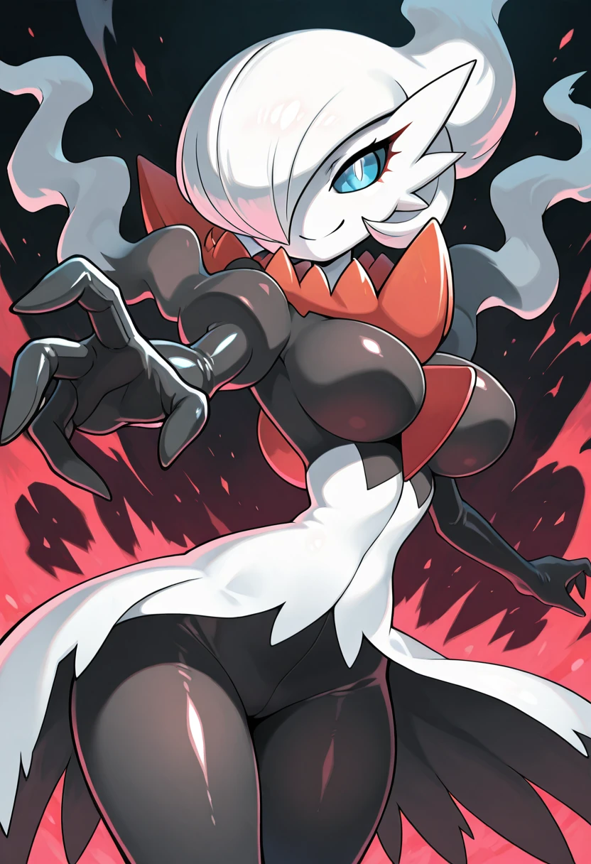 masterpiece, best quality, solo, curvy, beautiful eyes, narrow waist, wide hips, 1girl, solo, smile, looking at viewer, foreshortening, close up,    zzDarGardevoir, white pupils, white eyes, blue sclera, blue eyes, white skin, bob cut, white hair, long hair, hair over one eye,  white dress, black gloves, elbow gloves, black pantyhose,   <lora:GardevoirXDarkrai_IXL:1.0>, dynamic pose, cowboy shot, smile, looking at viewer, shiny skin,