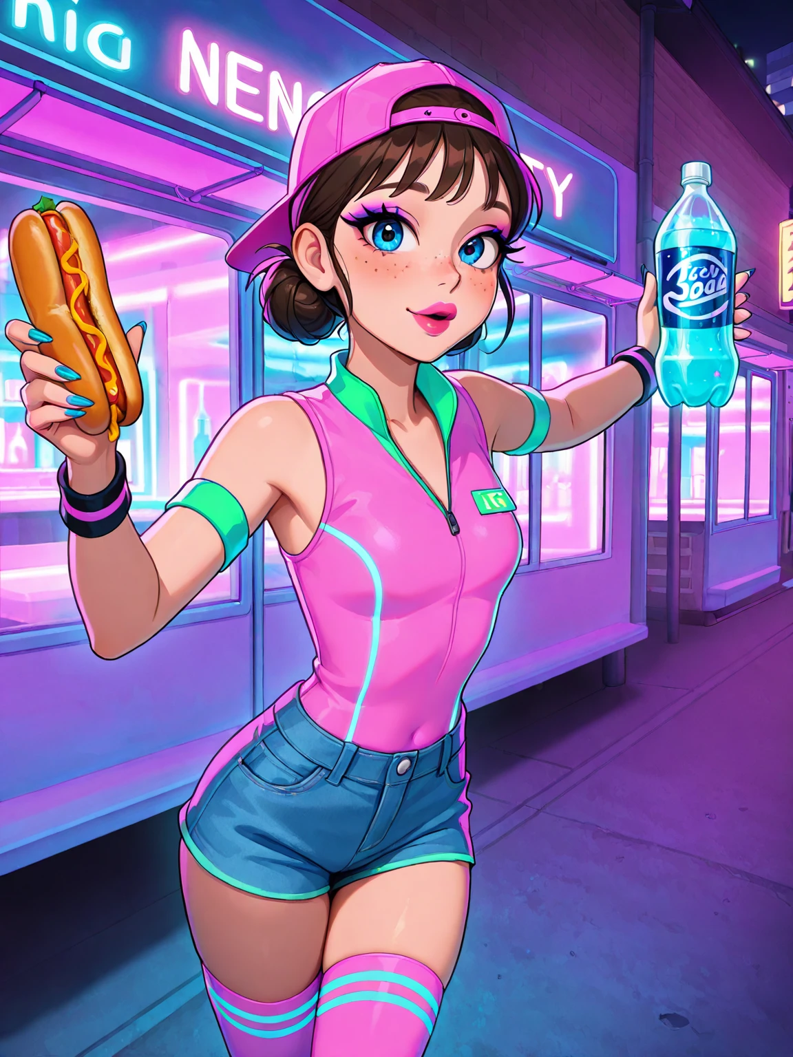 (neonkarc_illust), <emb:Stable_Yogis_Ill_Positives> BREAK, masterpiece, detailed_eyes, high_quality, best_quality, highres, subject_focus, depth_of_field, best quality, amazing quality, very aesthetic, ultra-detailed, absurdres, newest, scenery, (face focus), anime style, perfect face,
BREAK,
1girl, brown hair, low bun, small breasts, thin, (big blue eyes), beautiful face, perfect eyes, small wide nose, long eyelashes, long pointed nails, neon multicolored nail polish, neon lipstick, blush, freckles, neon cropped food service uniform, denim shorts, thighhighs, arm band, neon multicolored backwards hat,
BREAK,
outdoors, busy street, inside food truck window, she is extending arms out of the food truck, (handing the viewer a loaded hotdog and a soda, POV incoming food), neon palette, ultraviolet light,