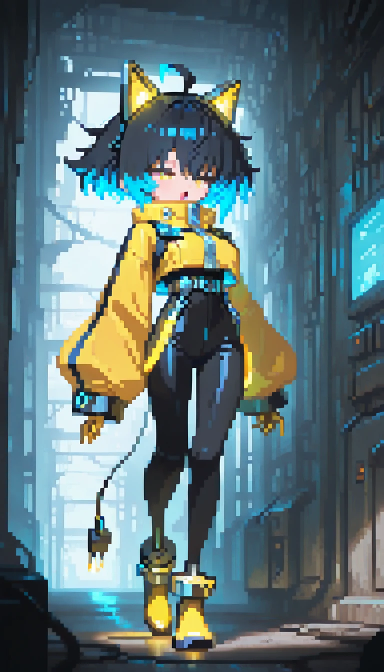 masterpiece, best quality, amazing quality, very aesthetic, absurdres,  newest, scenery,
, ;o,half-closed eyes, open mouth, full body, electrocat, 1girl, 
black hair, short hair,blue ahoge,  multicolored hair, yellow highlights, blue highlights, 
cat ears, cyber ears, glowing accents, yellow eyes,
yellow jacket, oversized sleeves, cropped jacket,
black , skin-tight, high-waist belt, utility straps, harness,
futuristic boots, yellow boots, black and yellow shoes, ankle cuffs,
electric plug tail, 
, smile,
detailed background, , portrait,detailed face, masterpiece, best quality, amazing quality, very aesthetic, absurdres, newest, scenery, volumetric lighting