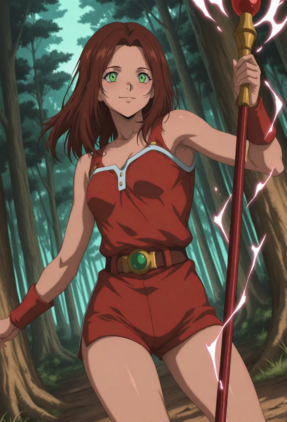<lora:Sysdeep_char10 - [Custom Character] - IllustriousXL v1:1> sysdeep_char10, 1girl, solo, long hair, brown hair, green eyes, small , posing with staff, glowing magical aura, confident smile, forest, anime coloring