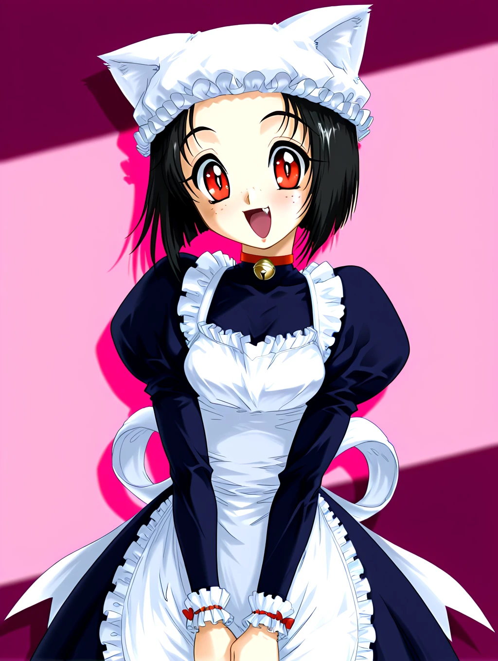 <lora:IL-D2-Netti:1>,ild2netti,1girl,solo,animal ears,maid,cat ears,black hair,freckles,apron,short hair,bell,hat,red eyes,open mouth,fang,
1990s \(style\),