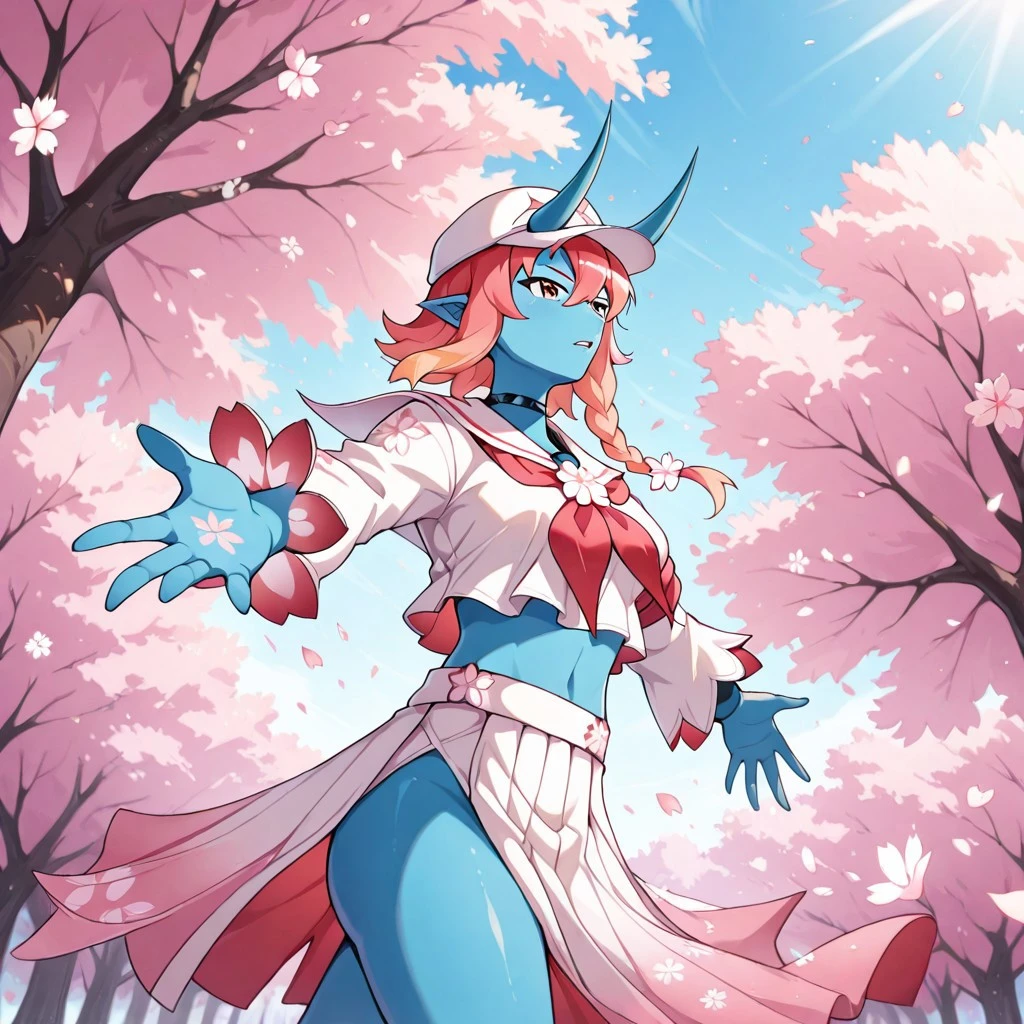 cowboy_shot, mako, (sakura_mako:2), white_clothes, white hat, blue_skin, two horns, arms outstretched, dynamic pose, cherry blossoms falling, cherry trees, outside, sakura
