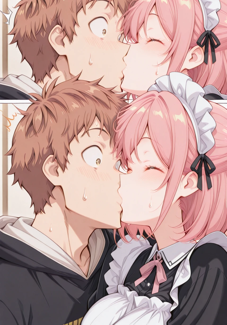 masterpiece, best quality, amazing quality,, <lora:CivChan:1>, CivChan, pink hair, mature female, breasts, maid headdress,, <lora:kanojo-okarishimasu-385-p14-illustriousxl-lora-nochekaiser:1>, kanojo okarishimasu 385 p14, blush, closed eyes, hetero, hood, sweatdrop, couple, kiss, surprised, close-up, wide-eyed, surprise kiss,, <lora:kazuya-kinoshita-illustriousxl-lora-nochekaiser:1>, kazuya kinoshita, 1boy, brown hair, brown eyes, short hair,, ,