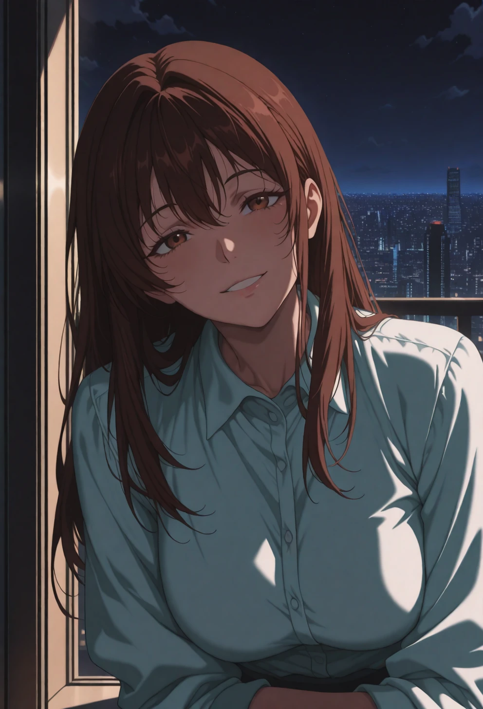 <lora:Sysdeep Char2 - [Custom Character] - IllustriousXL v1:1>,  sysdeep_char2, 1girl, long hair, large breasts, brown hair, brown eyes, leaning on balcony, city lights, night sky, wistful smile