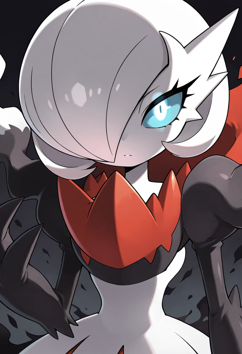 masterpiece, best quality, 1girl, solo, eyelashes, (beautiful eyes), zzDarGardevoir, white pupils, white eyes, blue sclera, blue eyes, white skin, bob cut, white hair, long hair, hair over one eye, white dress, black gloves, elbow gloves, black pantyhose, glowing eye, (close up, portrait), evil, darkness, edgy, cruel, (big claw), <lora:GardevoirXDarkrai_IXL:1.0>,