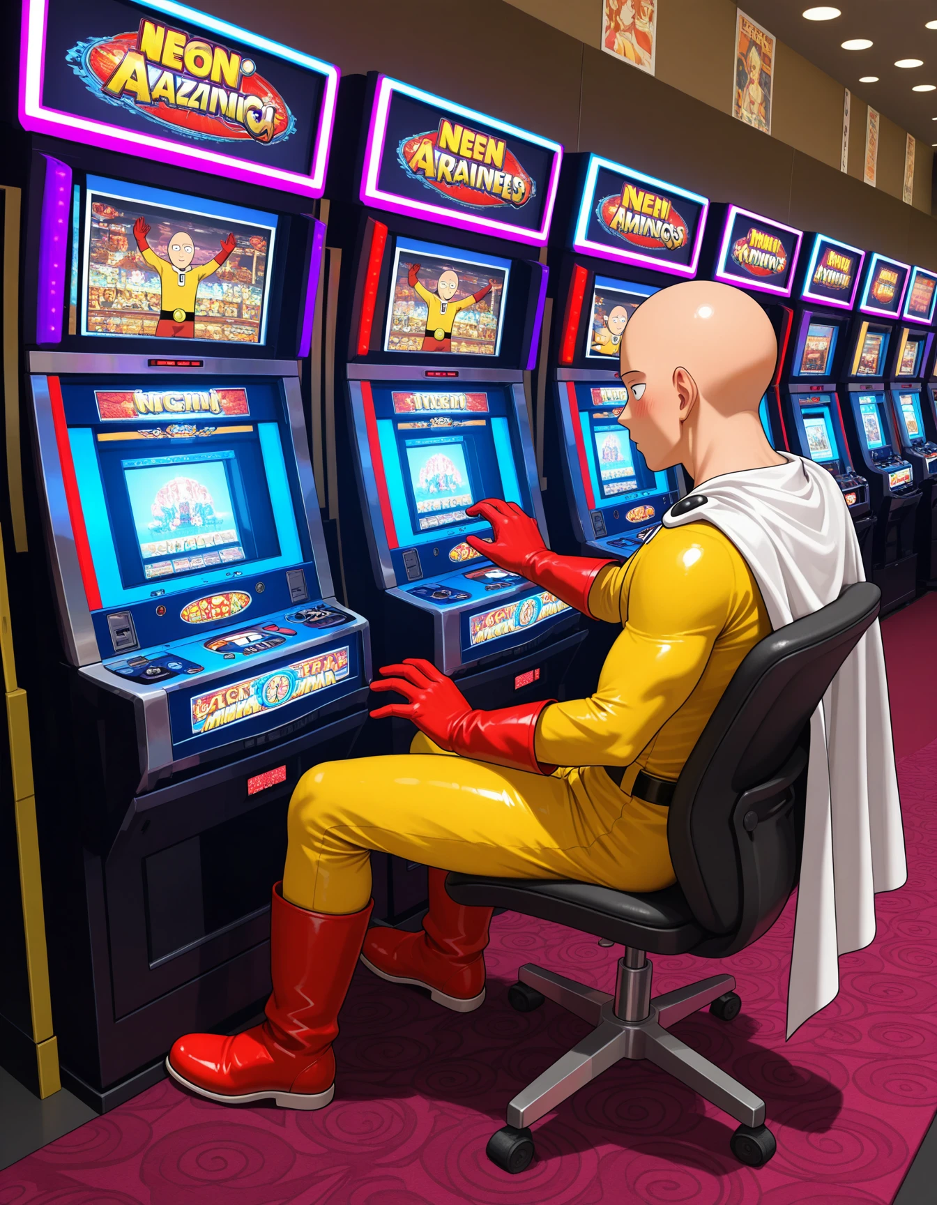 indoors, pachislo_parlor, poster (object), carpet, many one-leg column base with round foot chair, neon lights, reflection, pachislot machines in a Japanese arcade, arcade slot cabinet,Japanese arcade slot machine, vibrant LED, dynamic reflections, three spinning reels, monitor,
spinning reels, monitor,  sitting, playing machinery, looking at machinery,
 <lora:pachislo_parlor_Illustrious_2.0-XL_v2:1>
saitama \(one-punch man\), 
0pm, 1boy, bald, brown eyes
yellow , zipper, black belt, belt buckle, white cape, red gloves, red boots
1boy,solo
blush, sitting, playing machinery, looking at machinery,expressionless,, masterpiece, newest, absurdres, best quality, amazing quality, very aesthetic, ultra-detailed, highly detailed