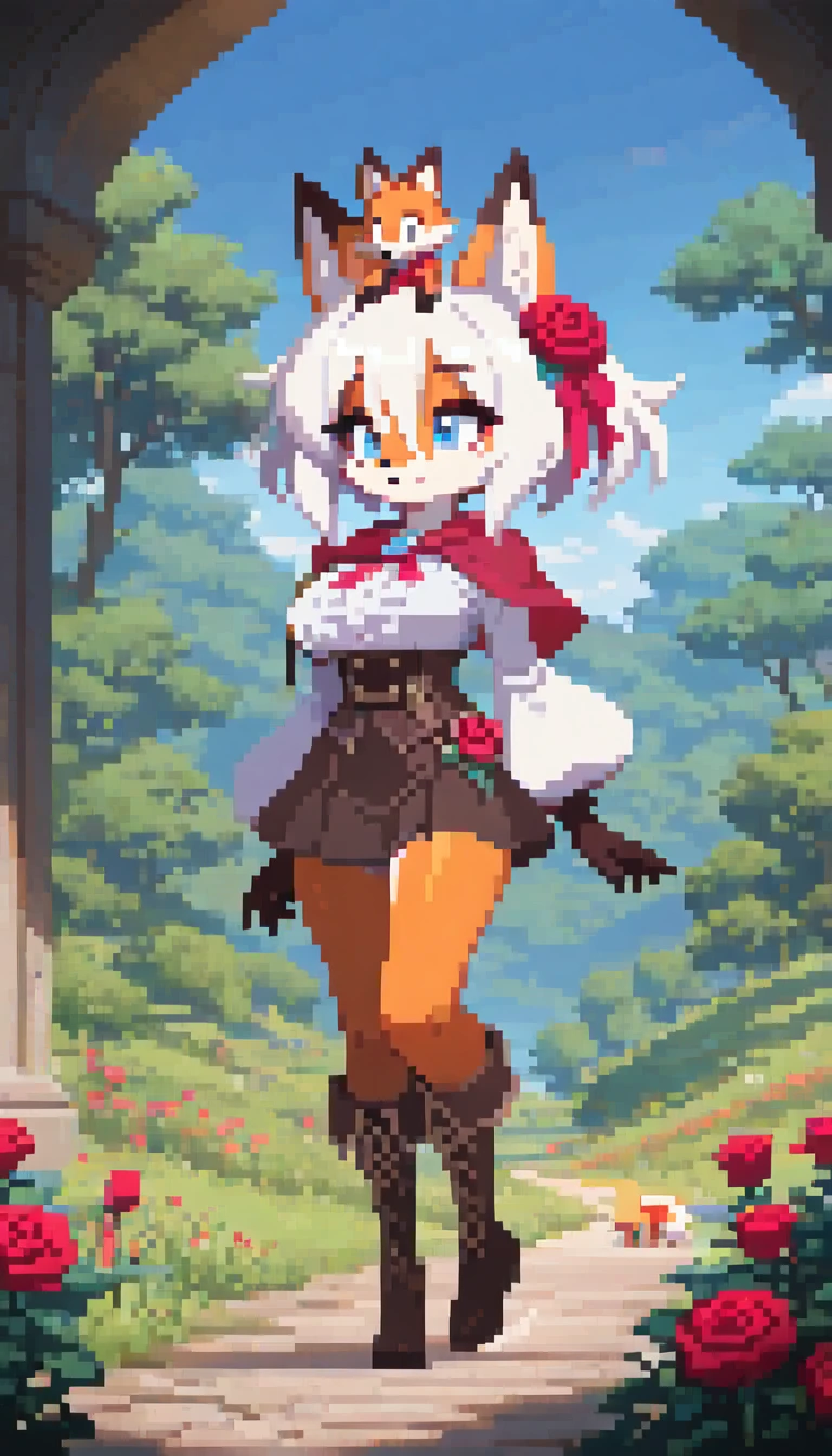 masterpiece, best quality, amazing quality, very aesthetic, absurdres,  newest, scenery,
, hetero, upper body, 1girl,furry, white hair, blue eyes, orange skin,fox, blue eys, red rose ornament on head, corset, dark brown clothing,ribbon, short skirt,knee high boots, smile,
detailed background, blue sky background,, portrait,detailed face, masterpiece, best quality, amazing quality, very aesthetic, absurdres, newest, scenery, volumetric lighting