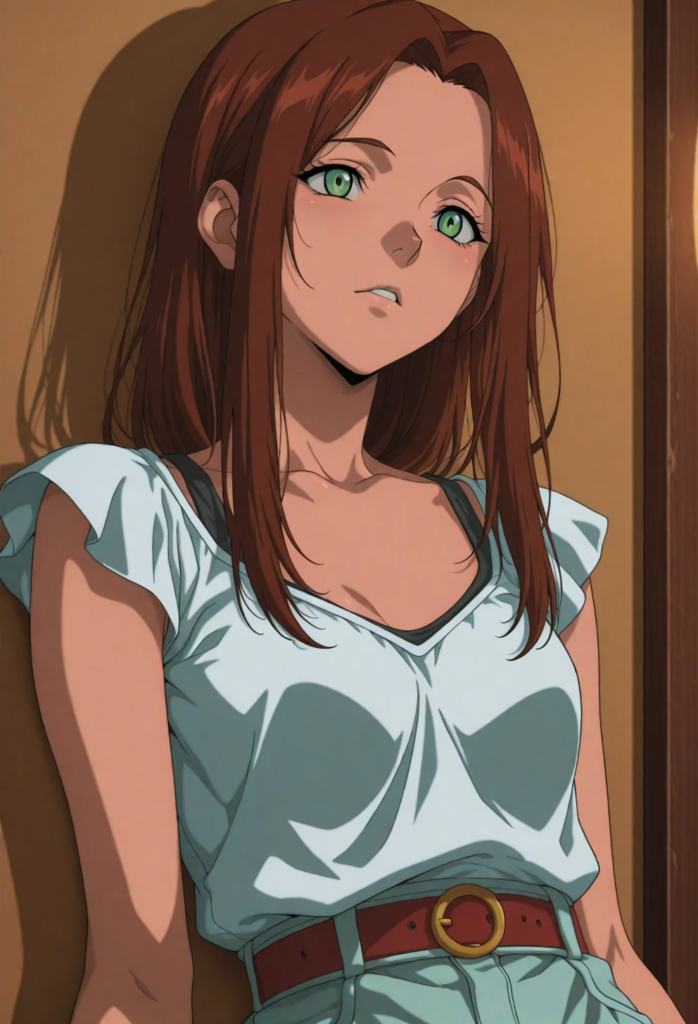 <lora:Sysdeep_char10 - [Custom Character] - IllustriousXL v1:1> sysdeep_char10, 1girl, solo, long hair, brown hair, green eyes, small breasts, leaning on wall, dim lighting, casual wear, coy expression, anime coloring