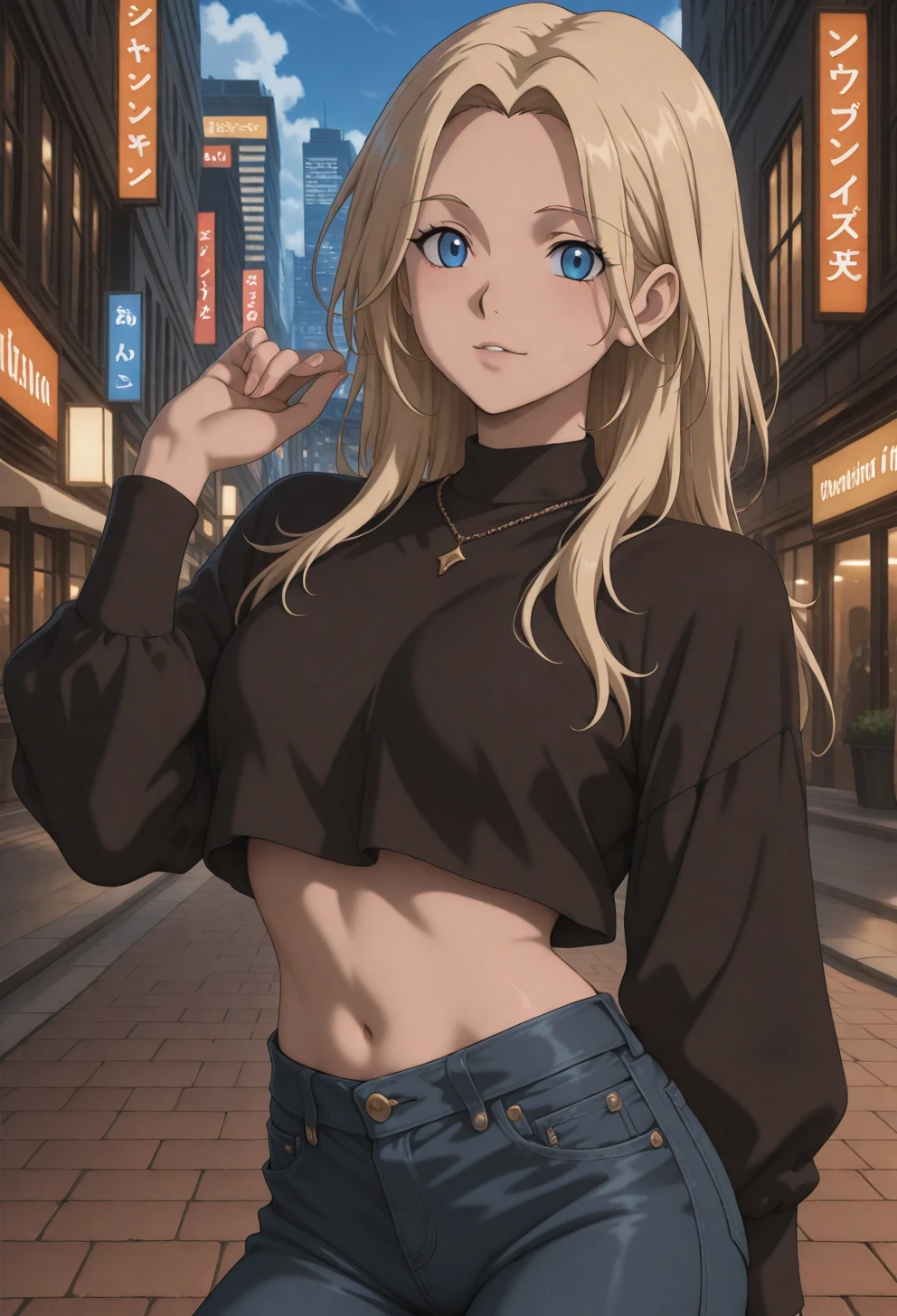 <lora:Sysdeep_char18 - [Custom Character] - IllustriousXL v1:1> sysdeep_char18, 1girl, solo, long hair, blue eyes, blonde hair, parted bangs, posing, city street, jeans, crop top, looking at viewer, casual fashion, anime coloring