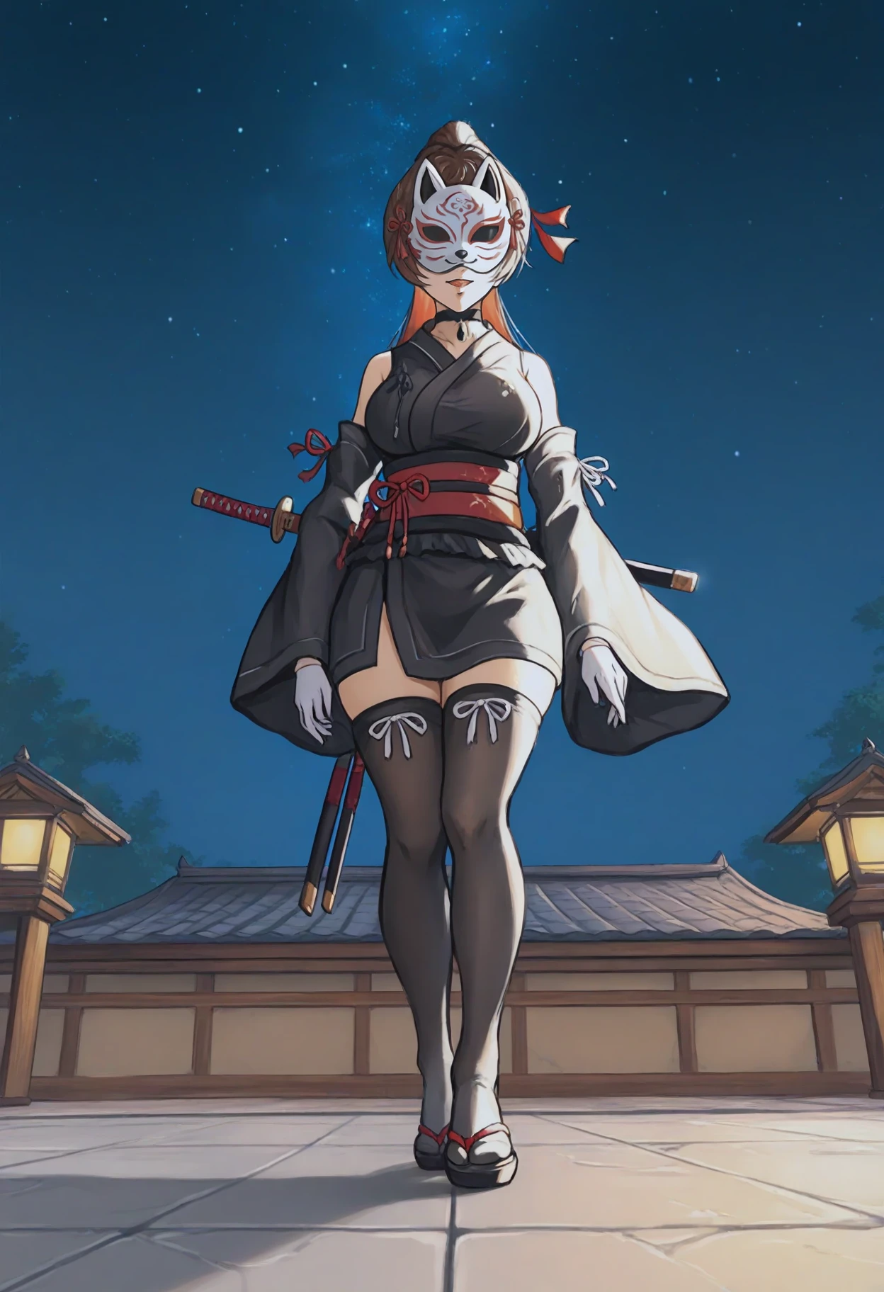 masterpiece, best quality, amazing quality, newest,
<lora:fox mask katana_IL:1>, FMK, 1girl, solo, (white fox_half_mask:1.2),
shoulders, long sleeves, detached sleeves, sleeveless, wide sleeves, black short kimono, white gloves, obi, black thighhighs, zouri,
, sheathed, short katana on back,
standing on roof, on roof, from below, starry sky, solo focus,
BREAK japanese architecture, night, outdoors,
<lora:Advertising ponytail Girl_IL:0.8>
Advertising Girl, official art, ponytail Girl, brown hair, high ponytail, Red hair ribbon, smile, parted lips, ,