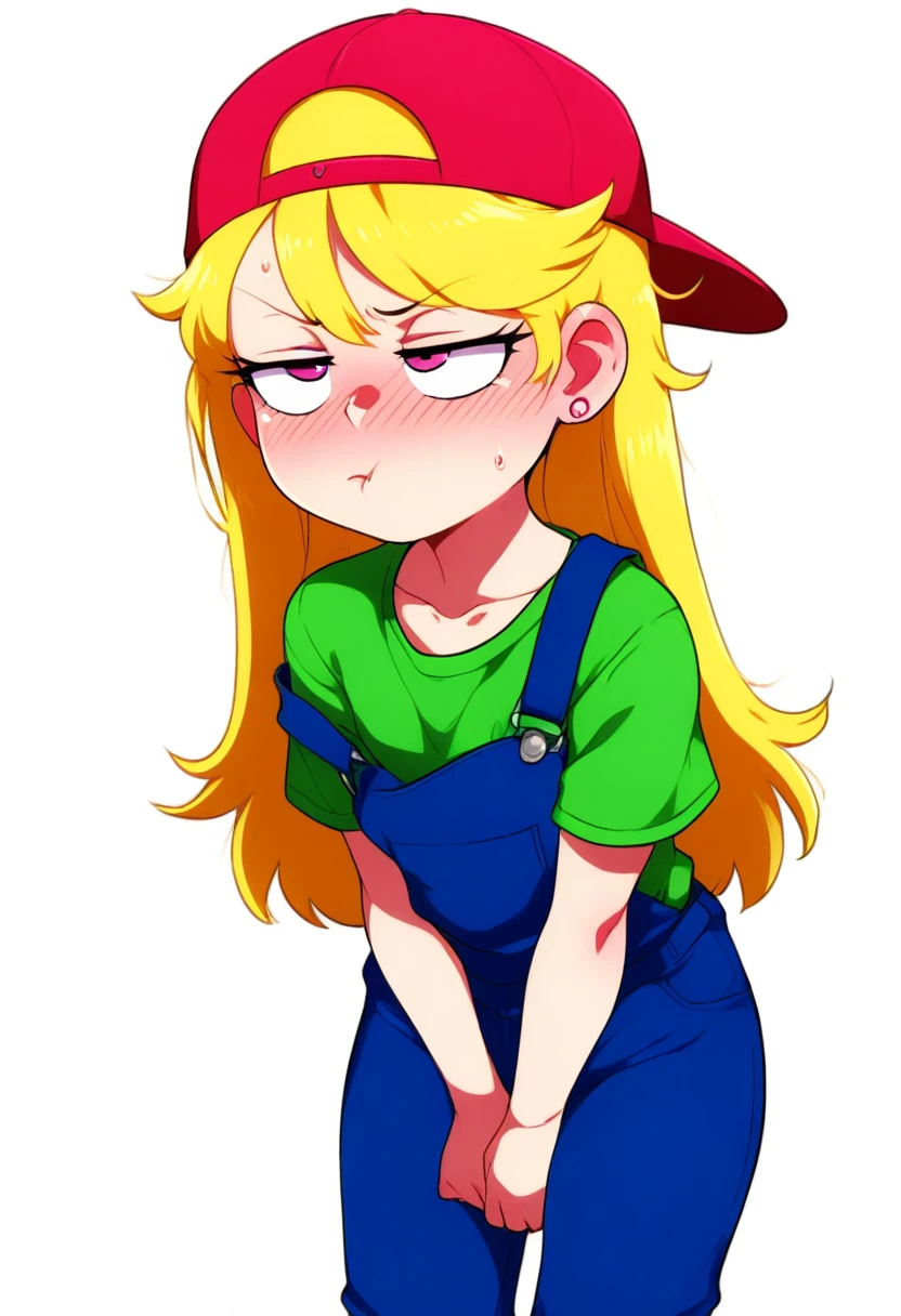 (jcm2:0.6), masterpiece, best quality, amazing quality, very aesthetic, absurdres, newest,
simple background, white background, solo, cowboy shot, 1girl, v arms, looking away, half-closed eyes, jitome, embarrassed, blush, sweatdrop, pout,
1o1a, blonde hair, red headwear, backwards hat, pink eyes, earrings, green shirt, t-shirt, blue overalls, pants