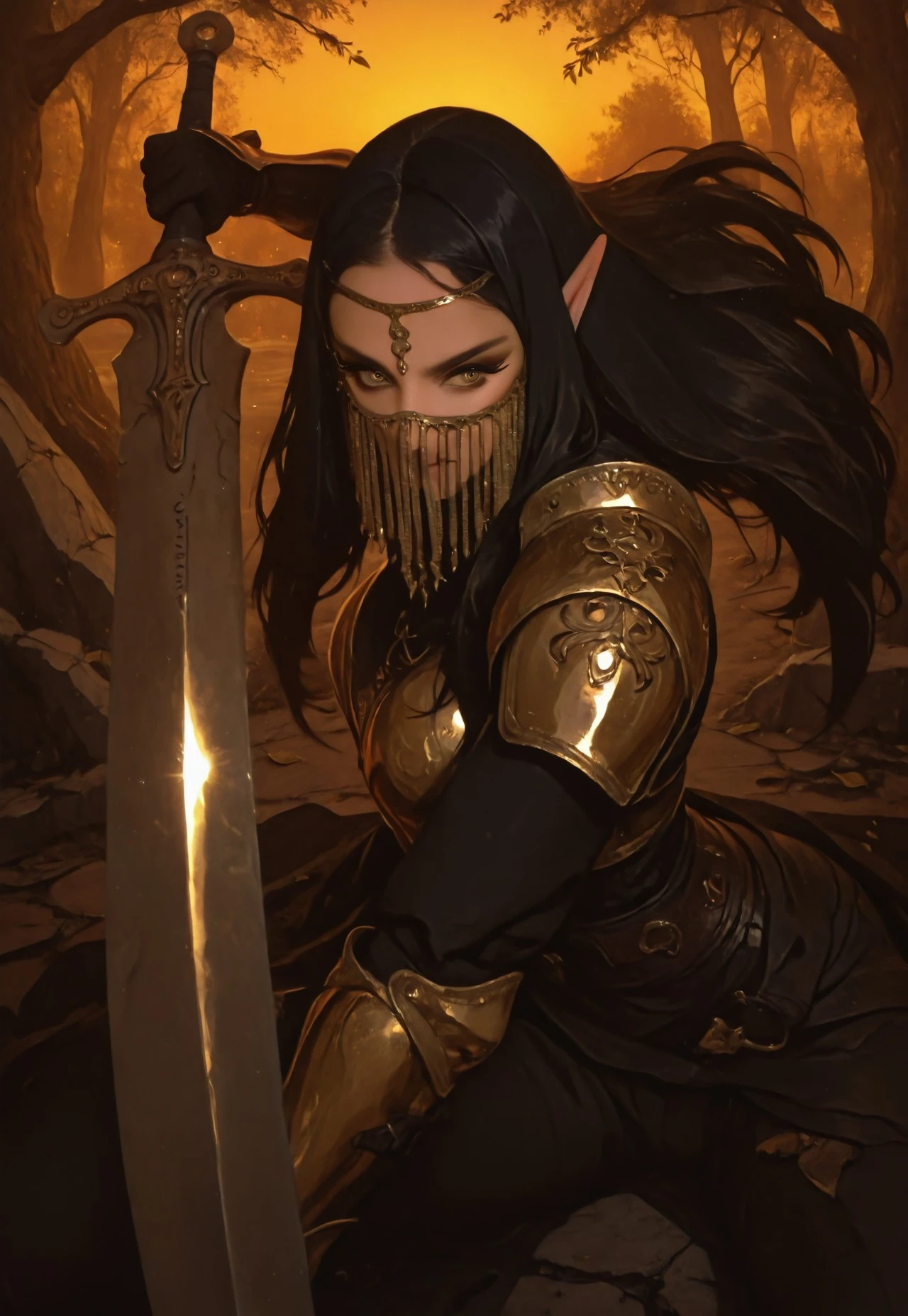 1girl, elf warrior, ch41n_m4sk, gold jewelry, long hair, veil, eyeliner, mascara, shiny eye-shadow, light armor, leather armor, pauldrons, dynamic pose, fighting stance, ((incoming attack)), flowing sash, huge sword, dynamic angle, foreshortening, woodland battlefield, evening, late sunset, dim light, glowing particles, ancient trees, mystical, high fantasy, filigree, falling leaves, stone ruins, vine wrapped tree trunks, god_rays, sparkle effect, deep shadows, masterpiece, best quality, hi resolution, sharp, very aesthetic, highly detailed, warm tones, vibrant colors, realistic, detailed, artist:moriimee,
