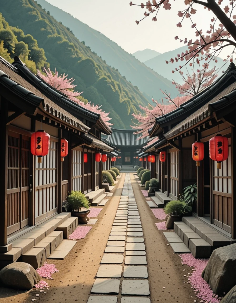 A traditional Japanese village during the samurai era, peacefully resting in a quiet valley surrounded by mist-covered mountains and dense bamboo groves. Thatched-roof wooden houses with sliding paper doors are arranged along narrow, winding dirt paths. Red lanterns hang from wooden beams, swaying gently in the breeze. A small Shinto shrine stands on a nearby hill, overlooking neatly arranged rice paddies and stone garden paths. A samurai's armor is displayed on a wooden rack outside one of the houses, suggesting the presence of a warrior. Cherry blossom petals scatter across the ground, and a light fog drifts between the buildings, adding to the stillness. The scene is bathed in soft, golden light, capturing a serene and timeless moment in feudal Japanâwith no people in sight.traditional Japanese v1ll4g3, <lora:traditional_Japanese_v1ll4g3v2-i:1>, Masterpiece,best quality,hi res,8k,hi res,8k,award winning,(sharp focus, intricate, highly detailed),