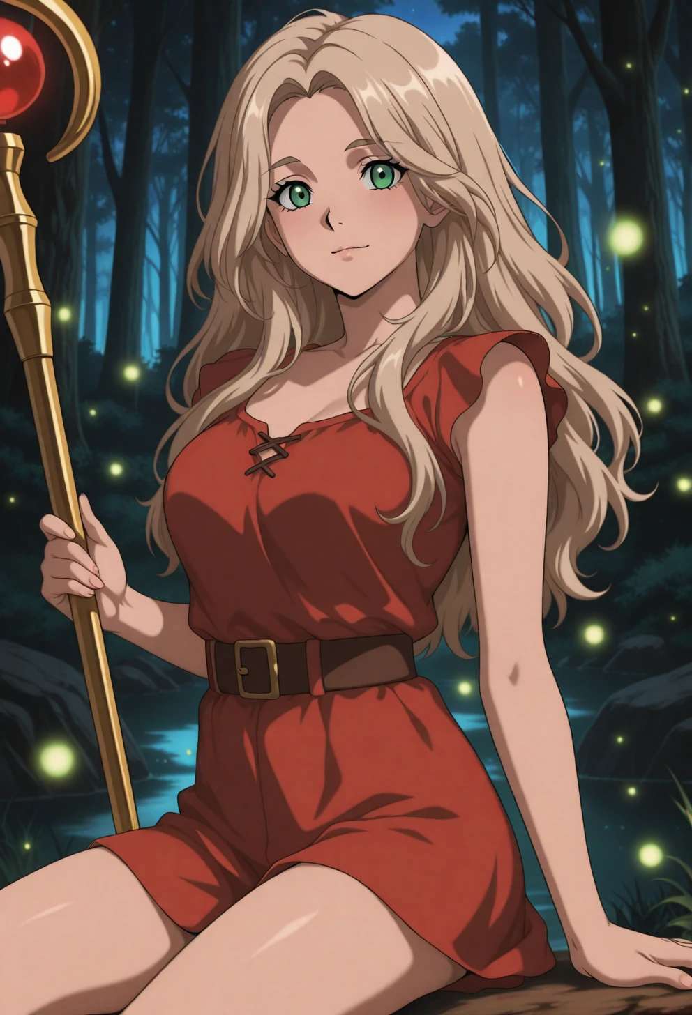 <lora:Sysdeep_char21 - [Custom Character] - IllustriousXL v1:1> sysdeep_char21, 1girl, solo, long hair, green eyes, blonde hair, light brown hair, wavy hair, , holding staff, enchanted forest, glowing fireflies, mystical vibes, anime coloring