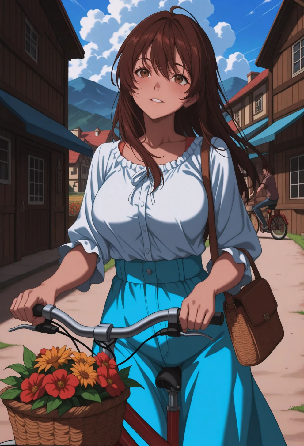 <lora:Sysdeep Char2 - [Custom Character] - IllustriousXL v1:1>,  sysdeep_char2, 1girl, long hair, , brown hair, brown eyes, riding a bicycle, countryside, sunny, casual outfit, basket with flowers