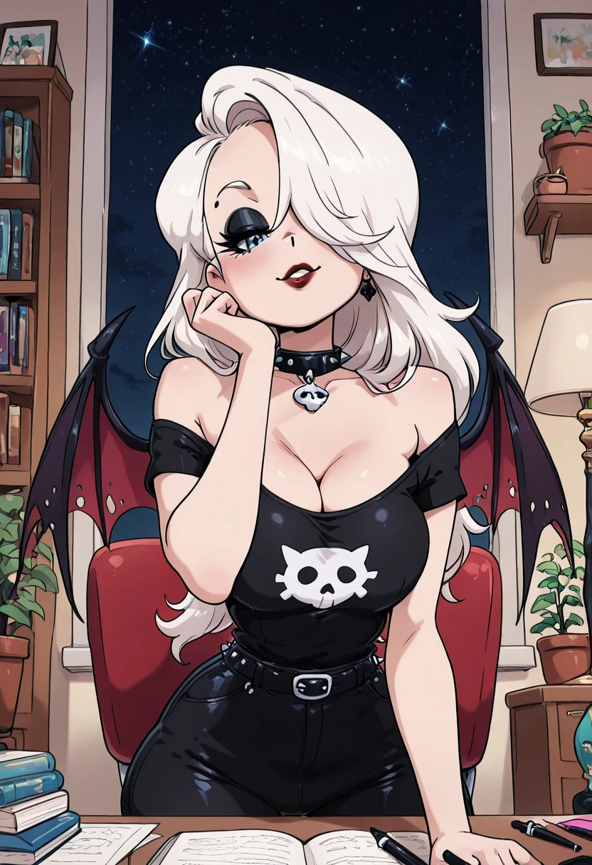 masterpiece, best quality, solo, curvy, beautiful eyes, narrow waist, wide hips, 1girl, solo, smile, looking at viewer, foreshortening, close up, zzBlanc, blue eyes, white hair, hair over one eye, long hair, eyeshadow, makeup, lipstick, gothic, black shirt, off-shoulder shirt, cleavage, bat wings, spiked collar, tight pants, <lora:BlancCitronOC_IXL_v2:1.0>, , zzLofi, sitting, side view, desk, chair, book, bookshelf, head rest, holding, holding pen, lamp, night, open book, pen, plant, potted plant, sky, star (sky), starry sky, window, windowsill, writing, <lora:LofiGirl_Style_IXL:0.8>,